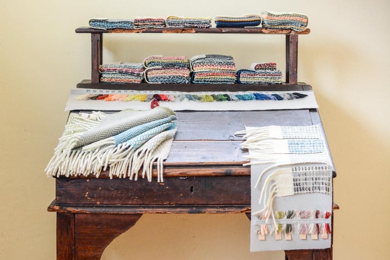 Hand Finished Organic Wool Blanket/Throw in Turquoise Wave Pattern Made