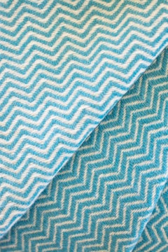 Hand Finished Organic Wool Blanket/Throw in Turquoise Wave Pattern Made Portugal