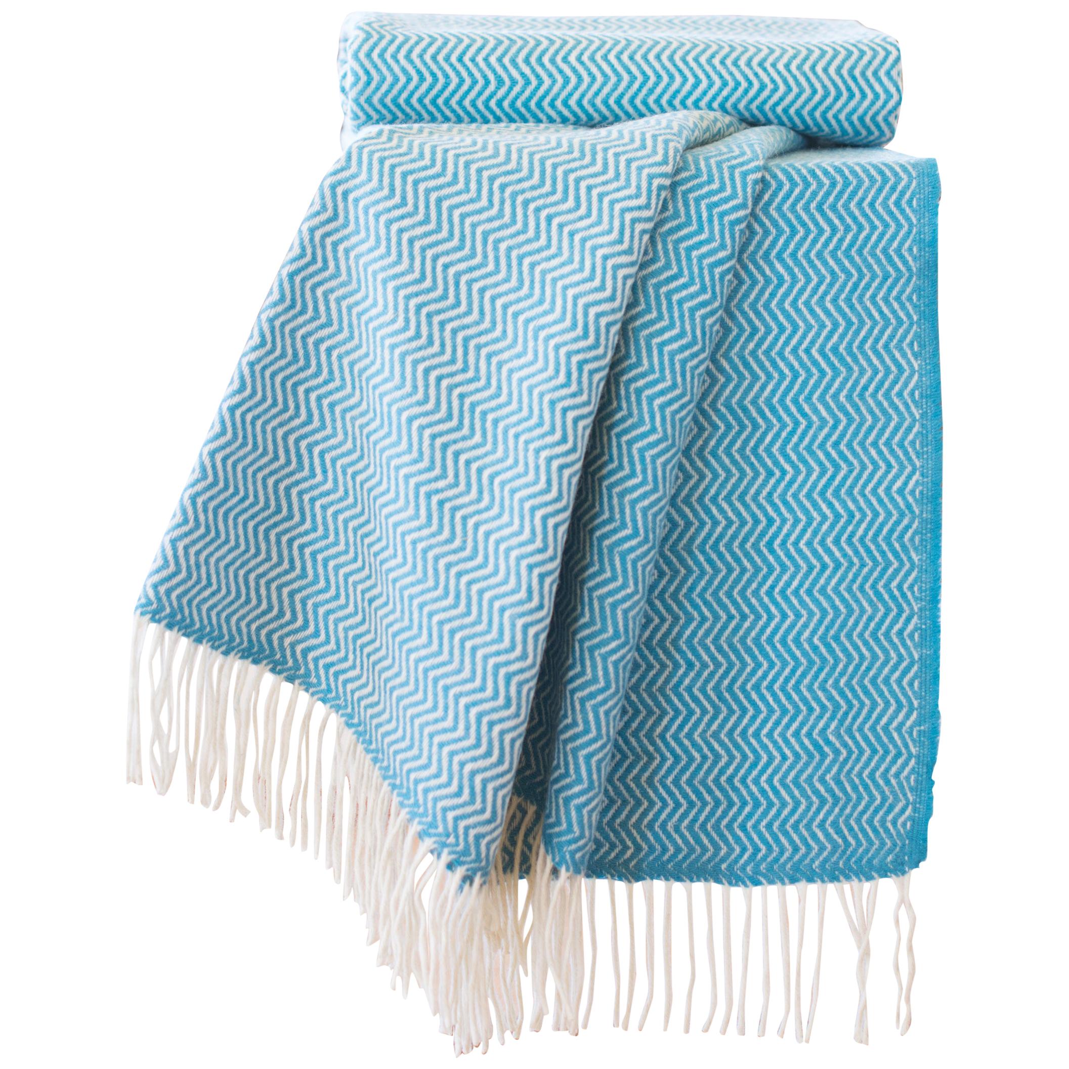 Hand Finished Organic Wool Blanket/Throw in Turquoise Wave Pattern Made Portugal For Sale