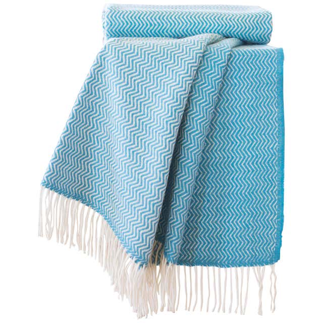 Hand Finished Organic Wool Blanket/Throw in Turquoise Wave Pattern Made ...