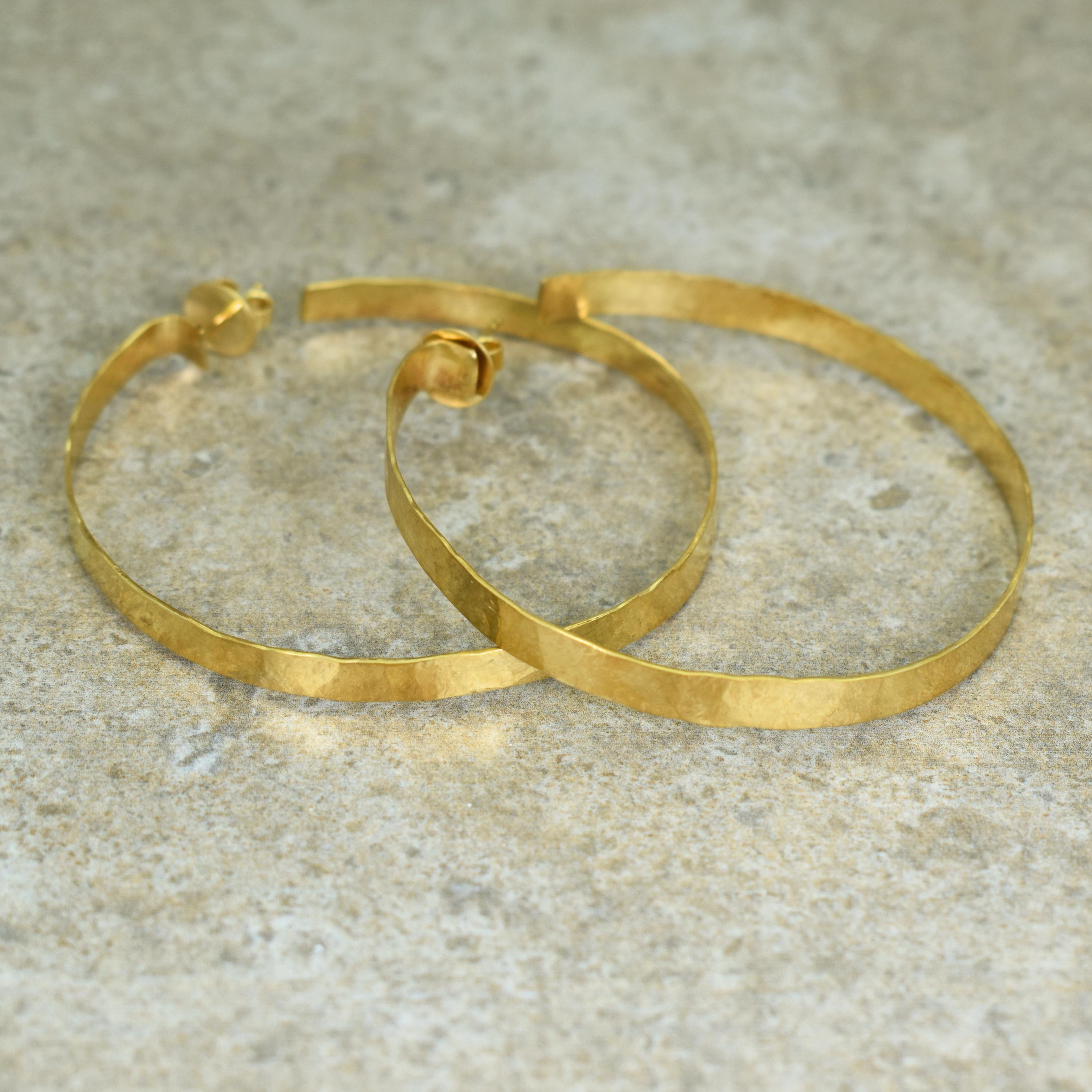 Women's Hand Forged 18 Karat Yellow Gold Hammered Hoop Earrings For Sale