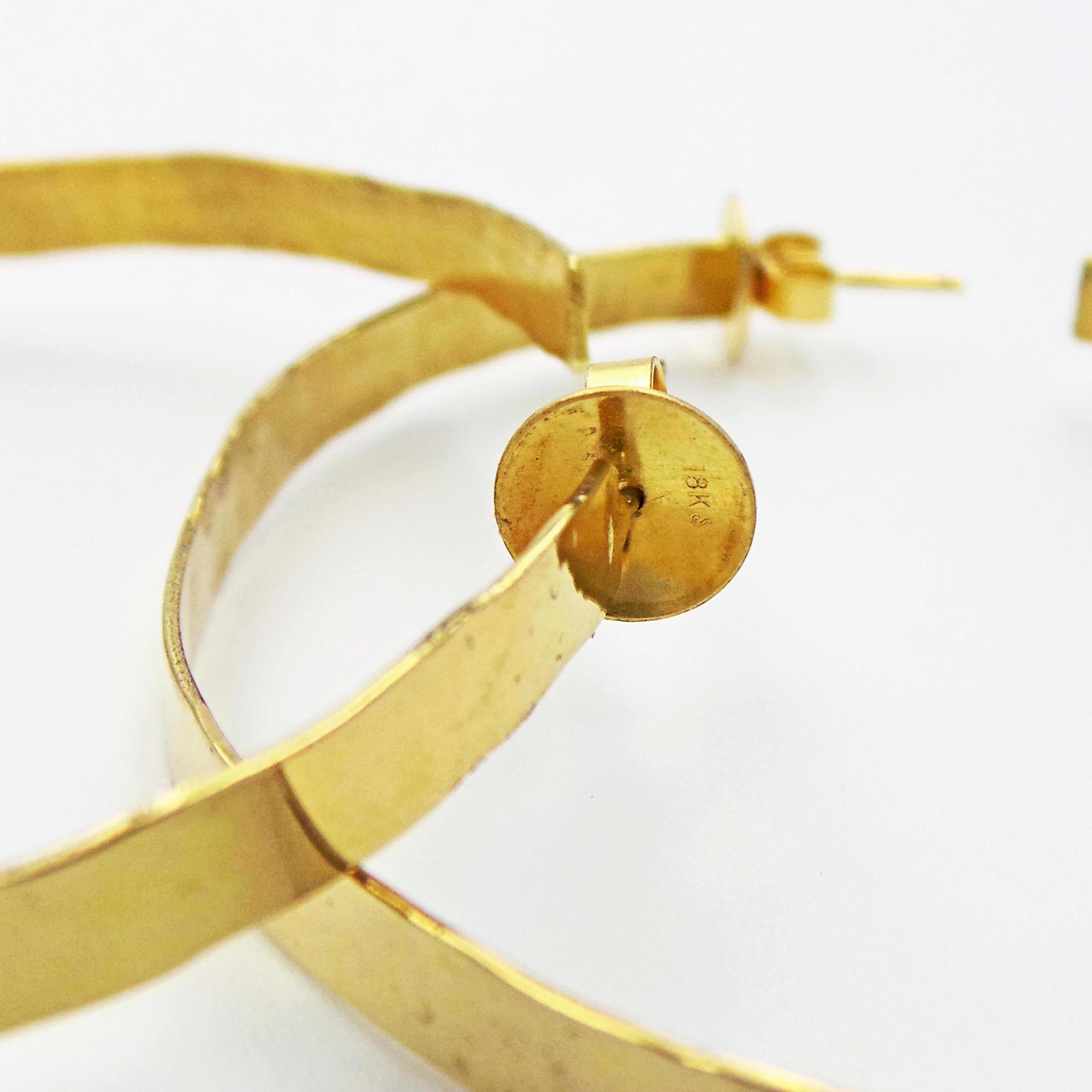 Women's Hand Forged 18 Karat Yellow Gold Hammered Hoop Earrings