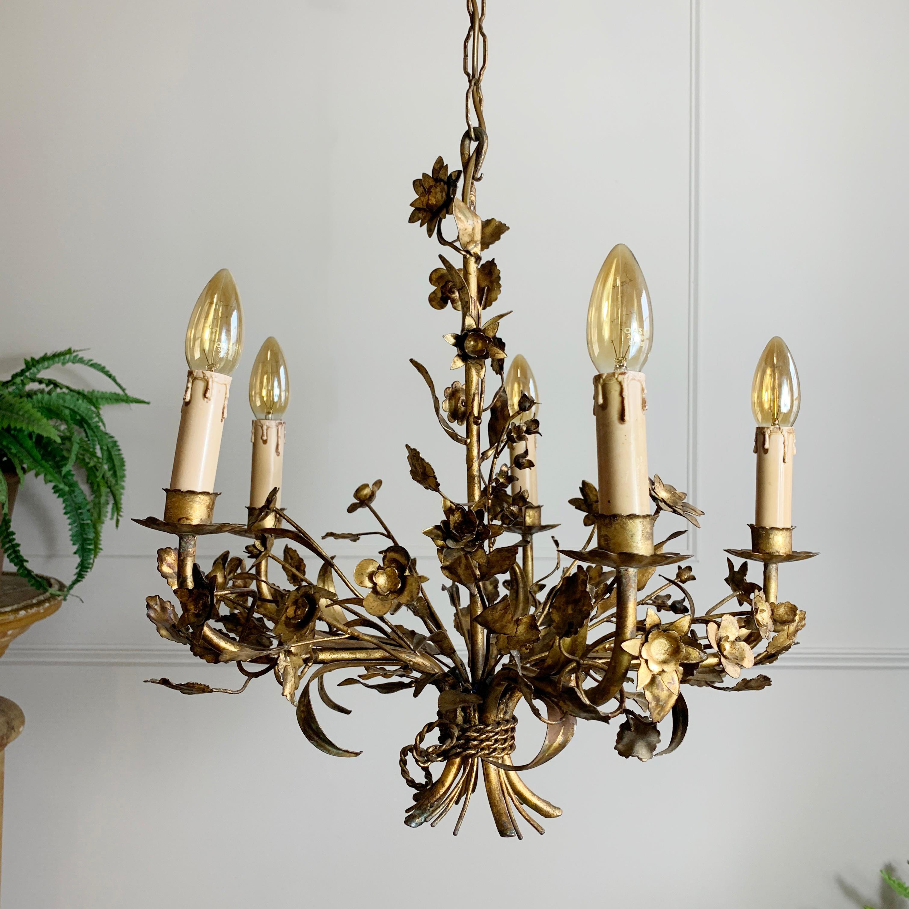 Hand Forged 1940's French Gilt Metal Floral Chandelier 5