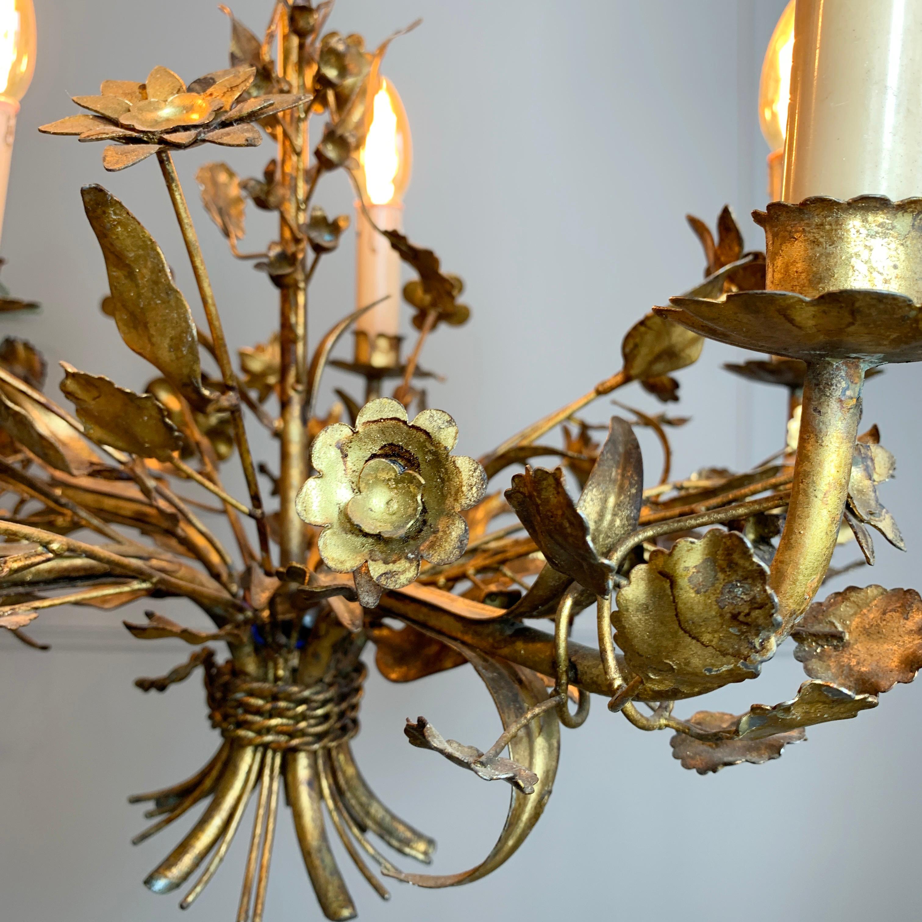 European Hand Forged 1940's French Gilt Metal Floral Chandelier