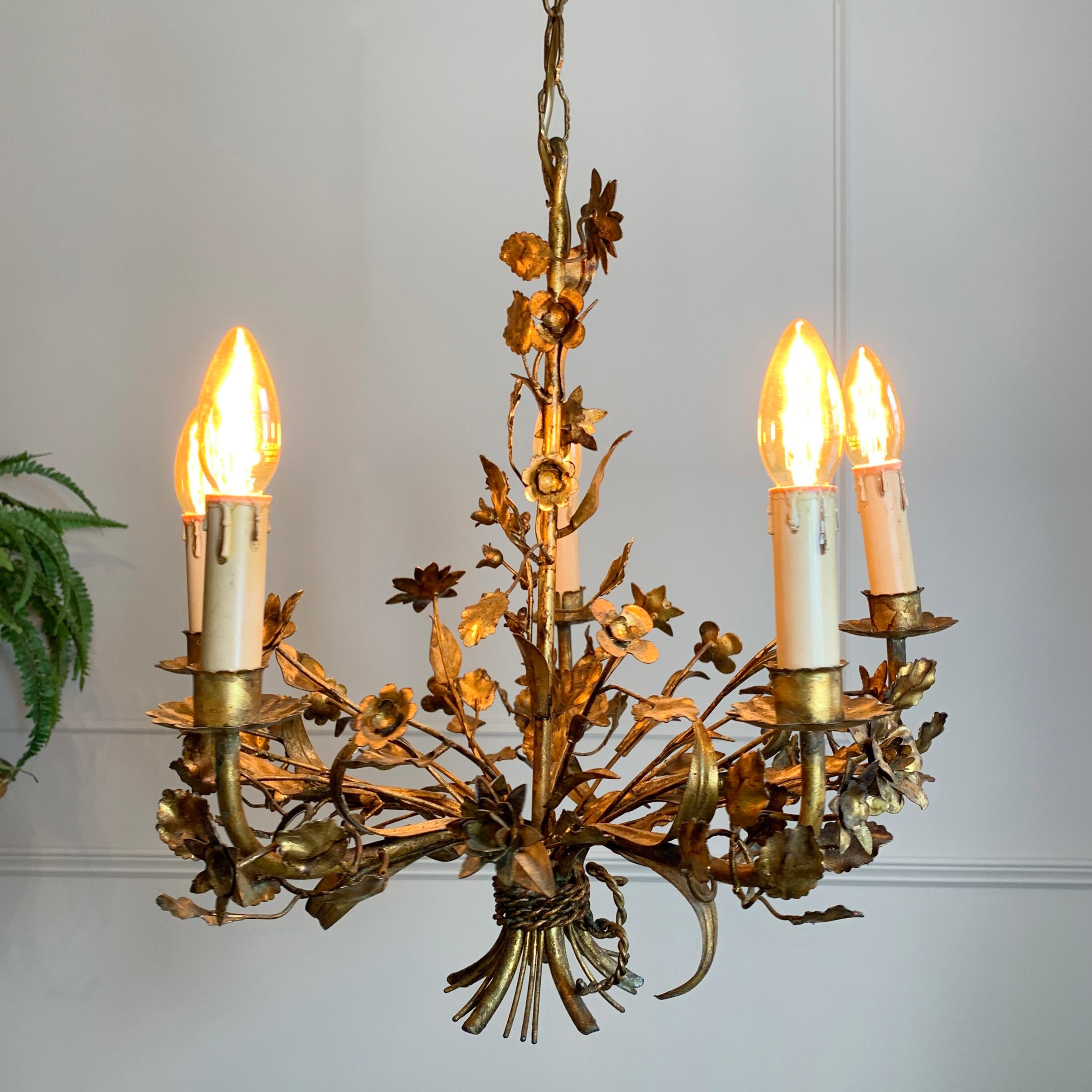 Hand Forged 1940's French Gilt Metal Floral Chandelier In Good Condition In Hastings, GB