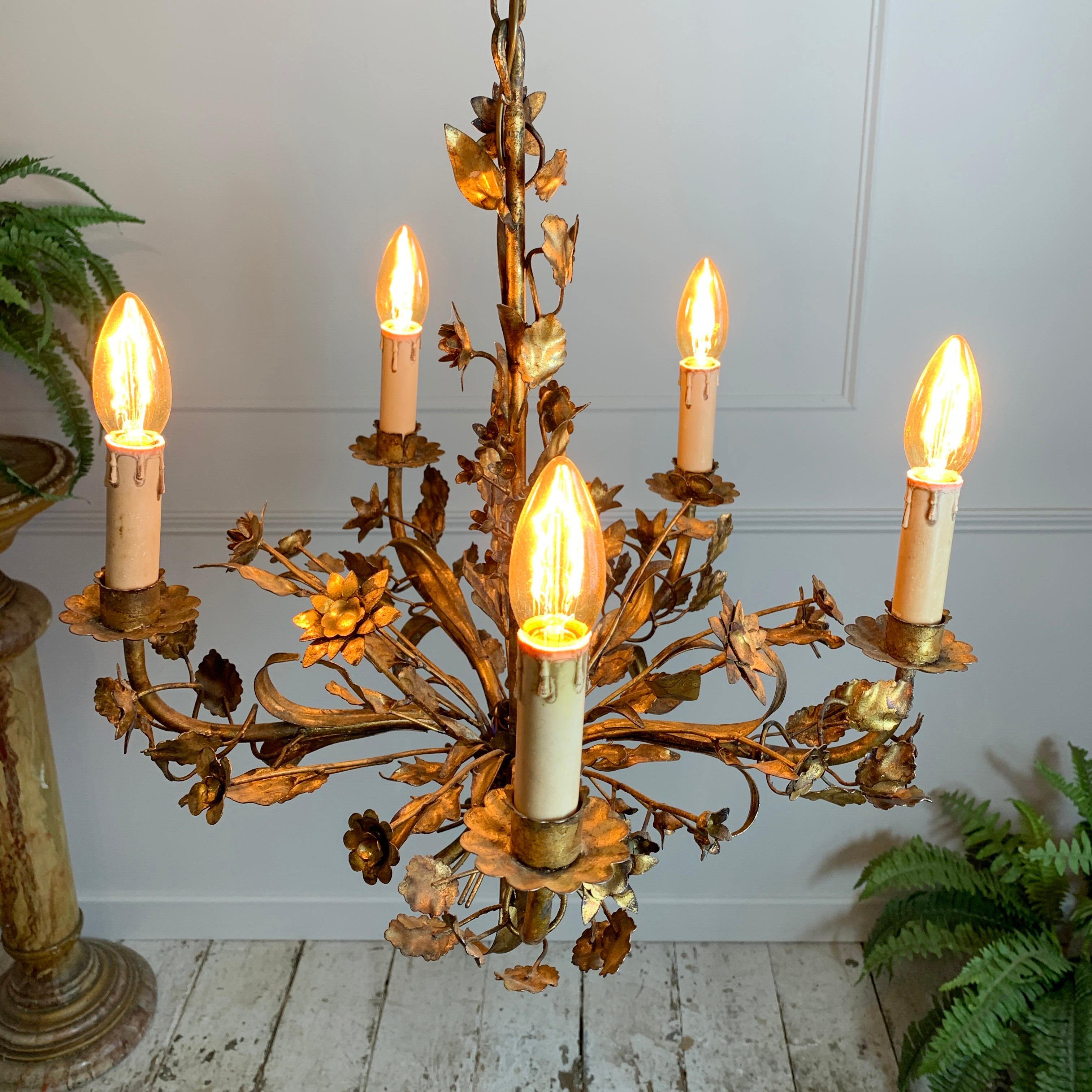 20th Century Hand Forged 1940's French Gilt Metal Floral Chandelier