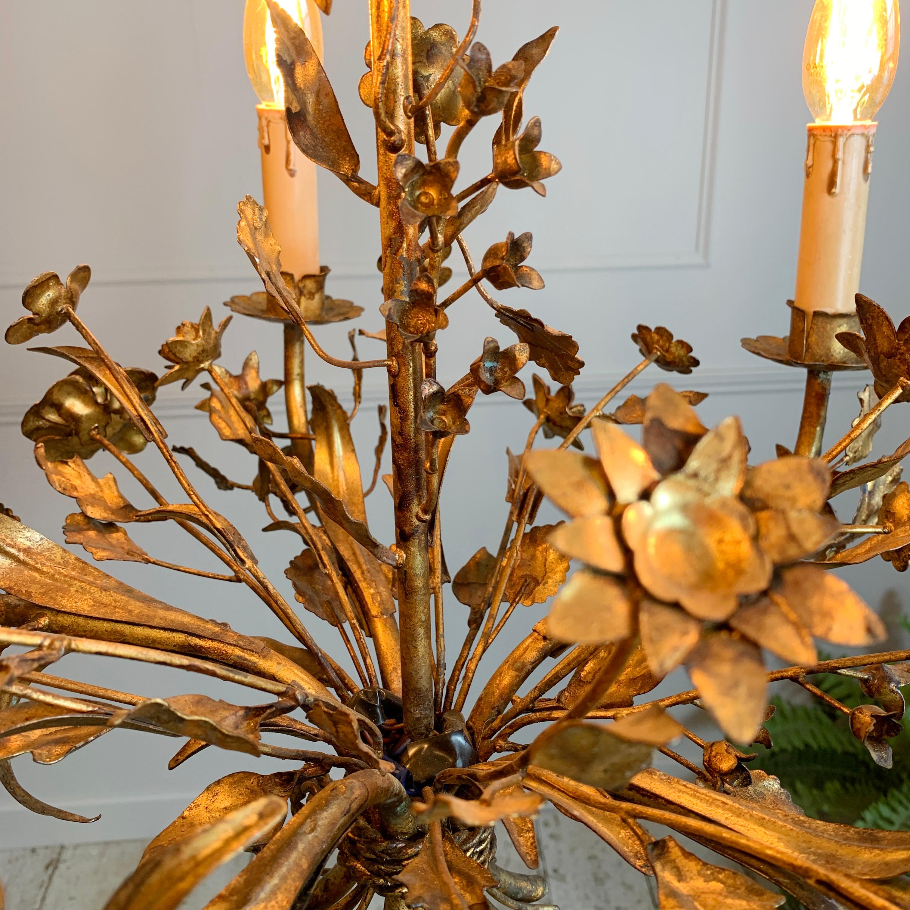 Hand Forged 1940's French Gilt Metal Floral Chandelier 1