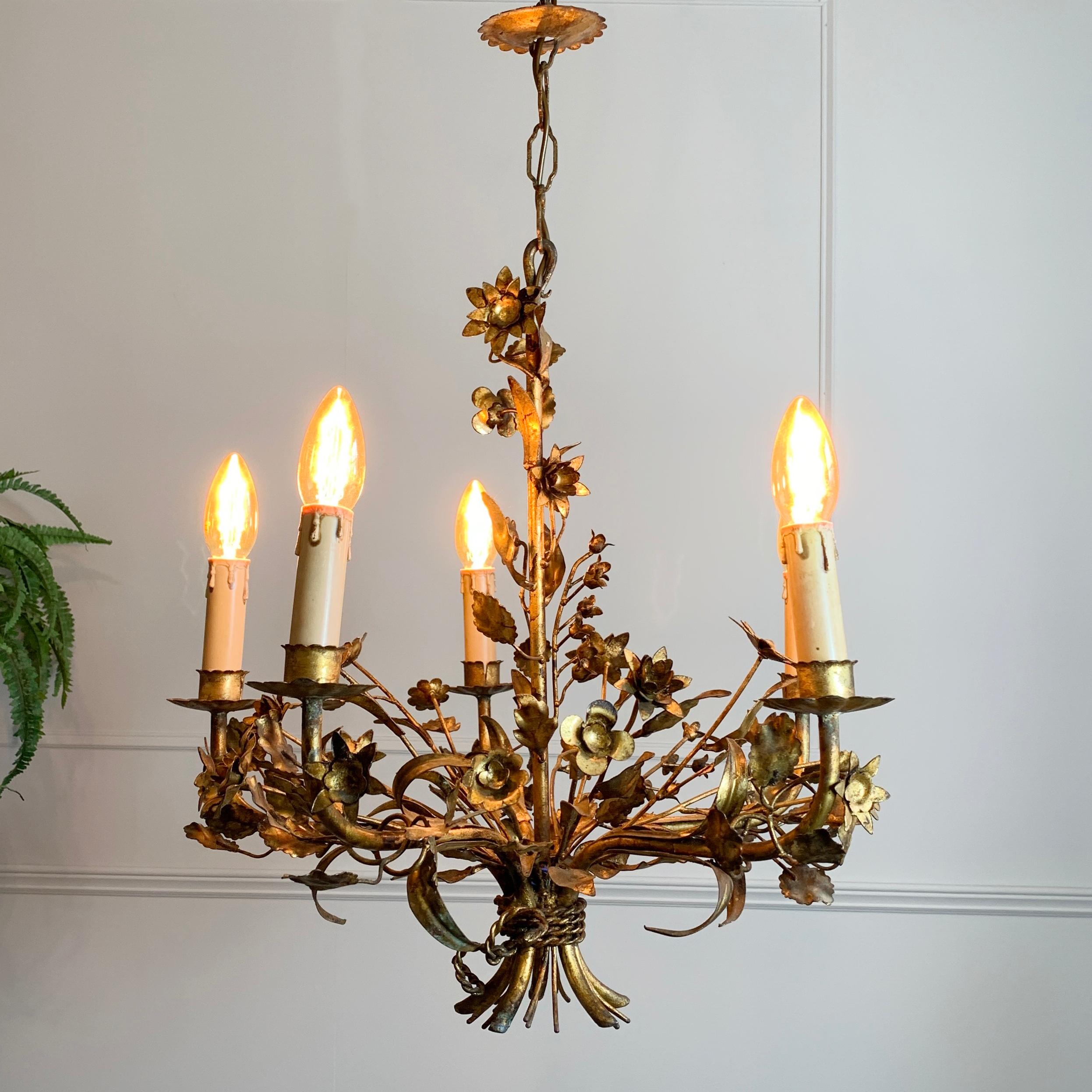 Hand Forged 1940's French Gilt Metal Floral Chandelier 2