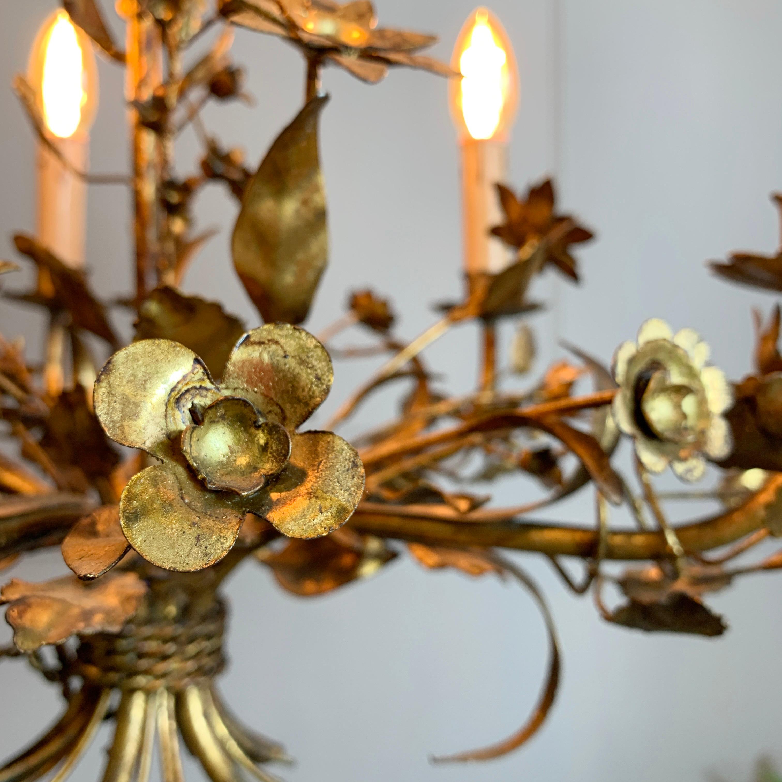 Hand Forged 1940's French Gilt Metal Floral Chandelier 3