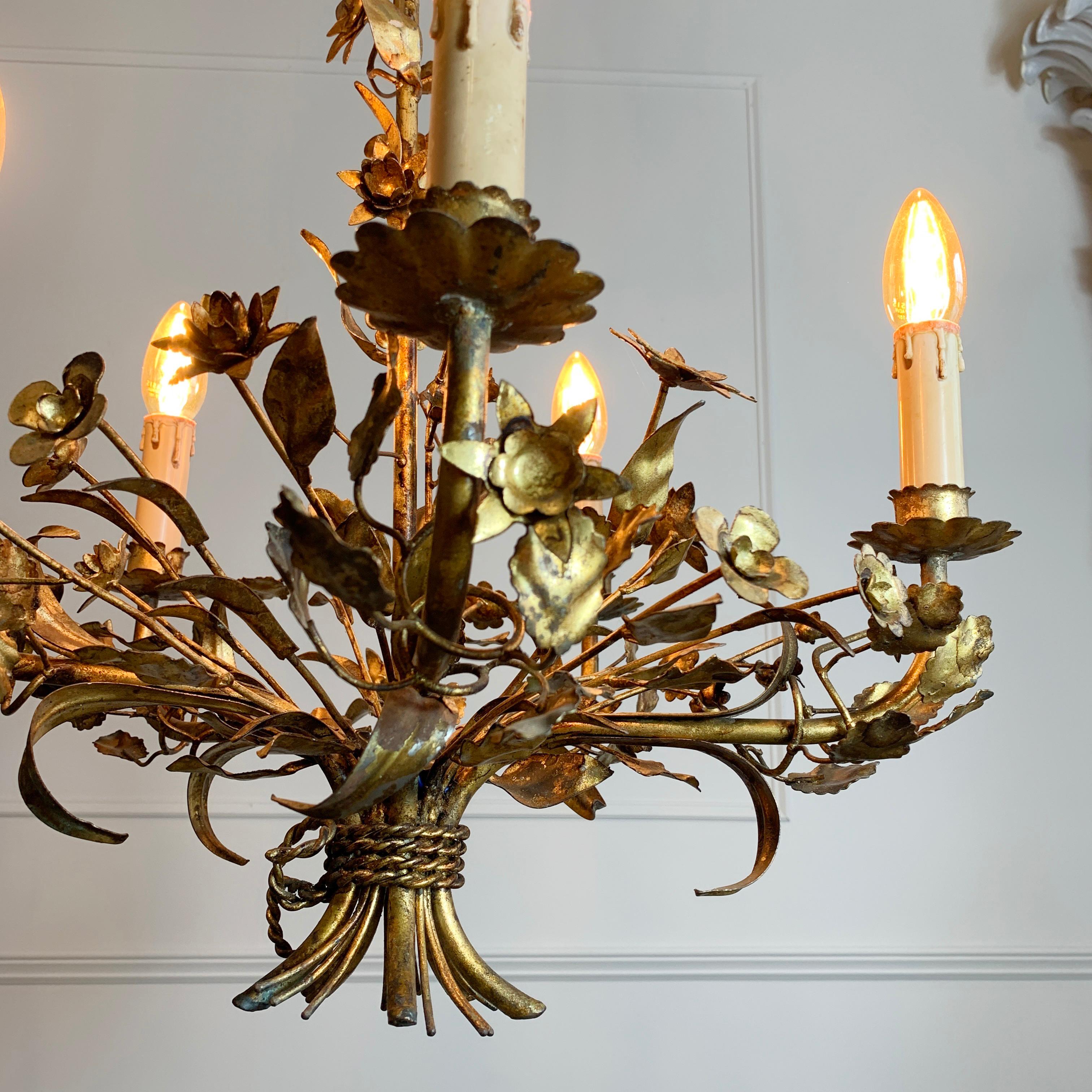 Hand Forged 1940's French Gilt Metal Floral Chandelier 4