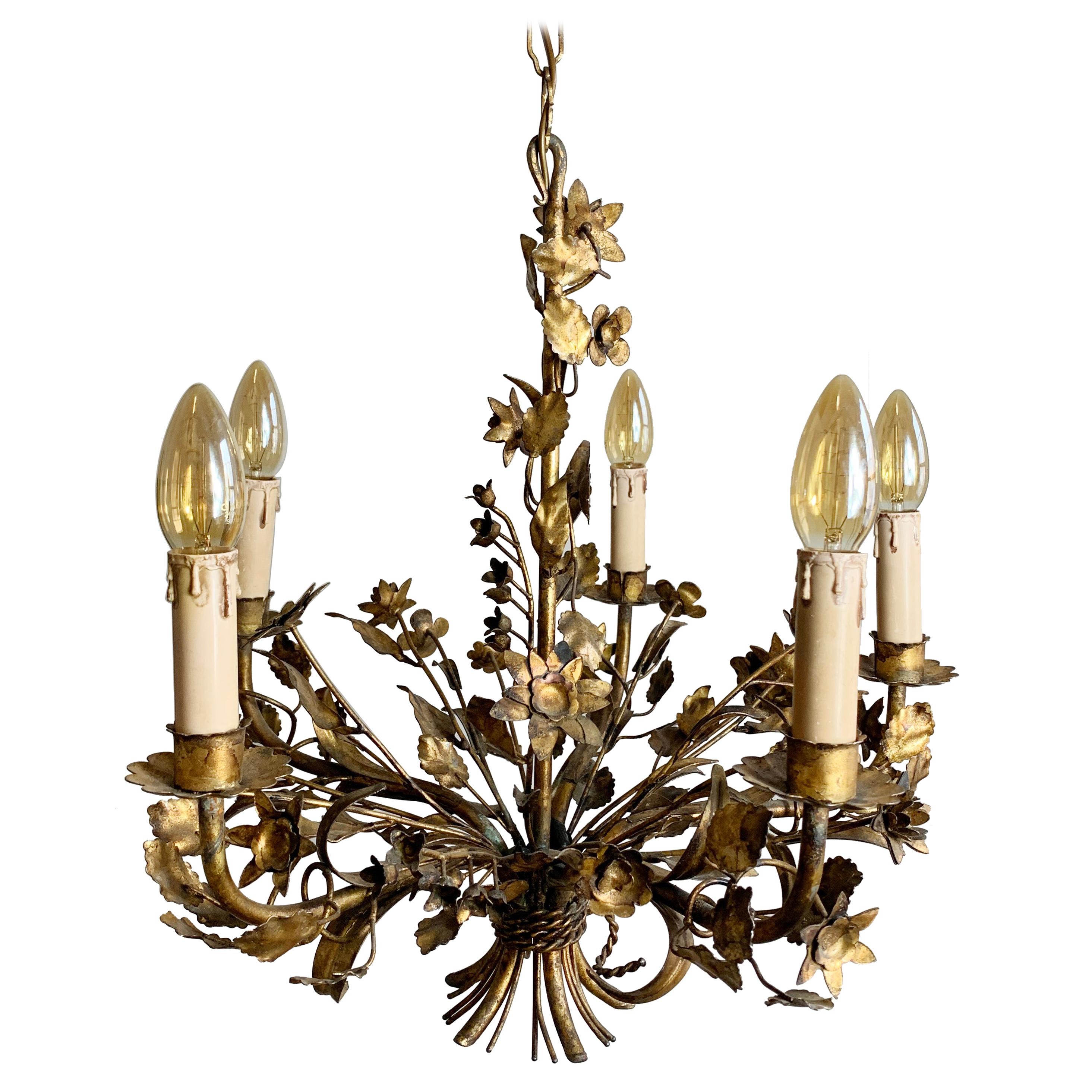 Hand Forged 1940's French Gilt Metal Floral Chandelier