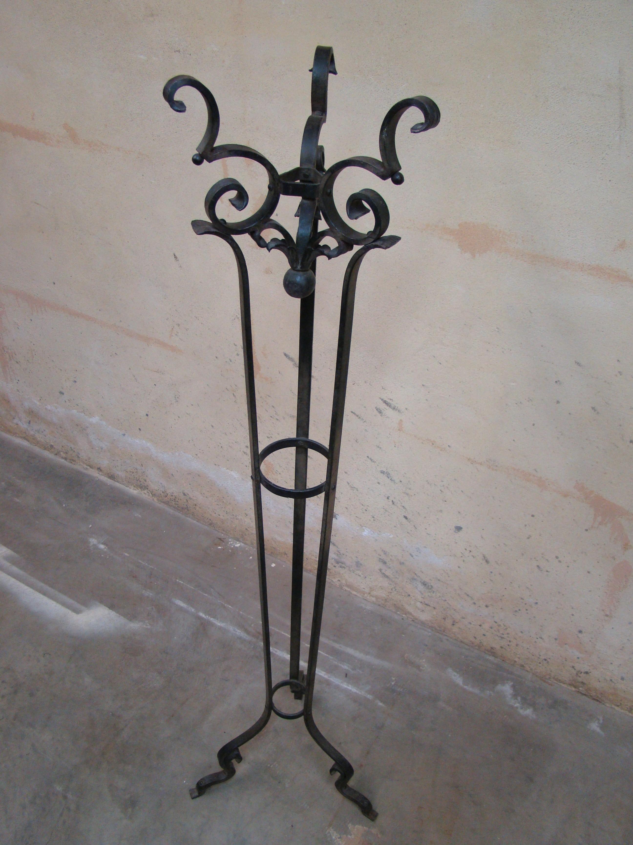 Mid-20th Century Hand Forged Antique Wrought Iron Coat Stand and Hat Rack