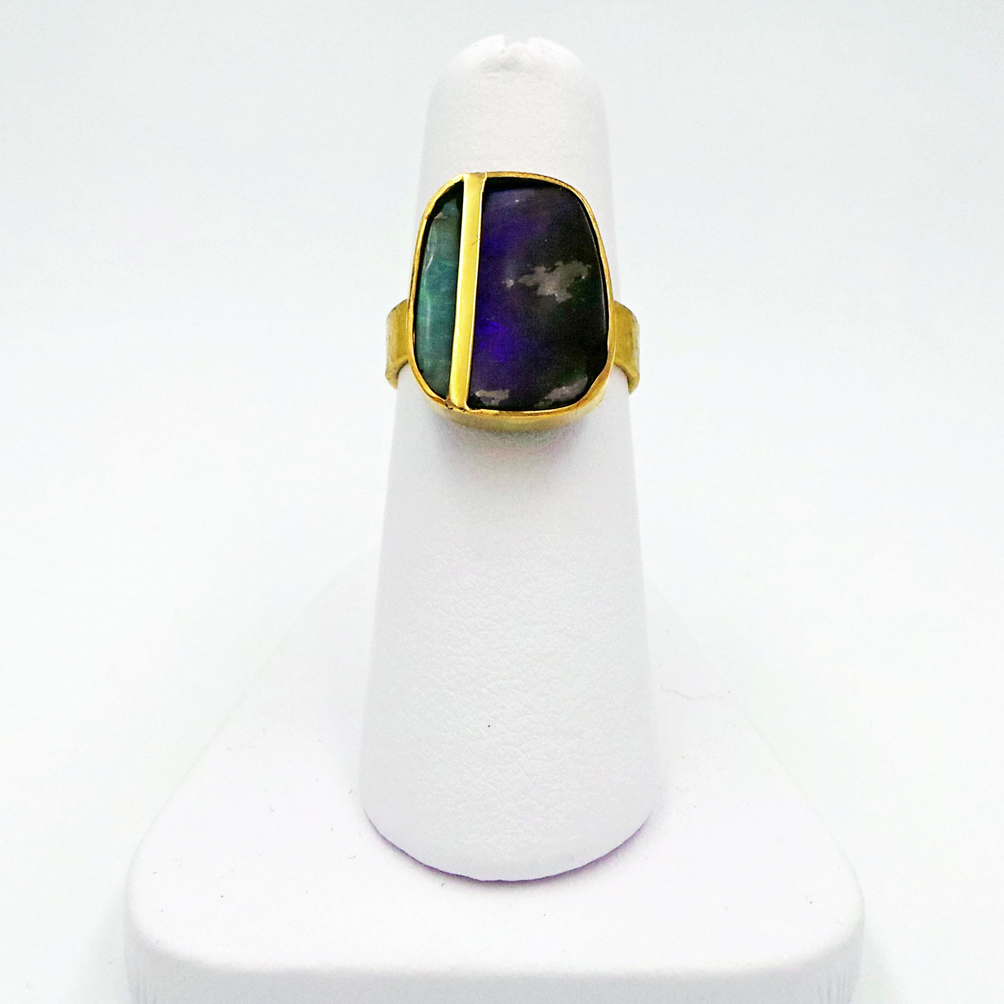 Women's Hand Forged Australian Boulder Opal Minimalist Gold Ring