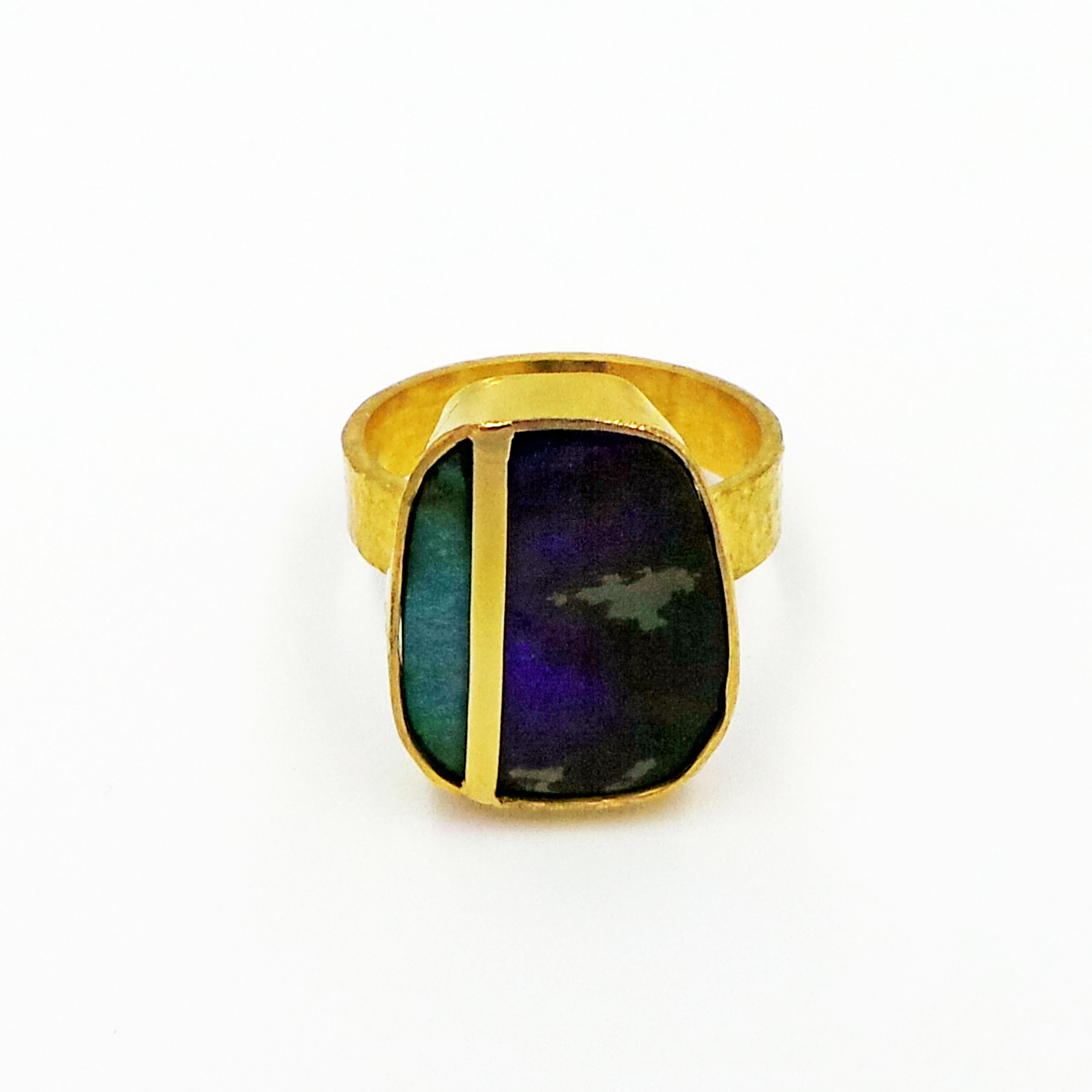 Hand Forged Australian Boulder Opal Minimalist Gold Ring 1