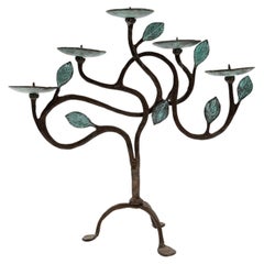 Bougeoir de bougie arbre de vie sculpté à la main en bronze et laiton, années 1960
