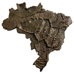 Hand Forged Bronze Map of Brazil with Elevated Topography, 1980s
