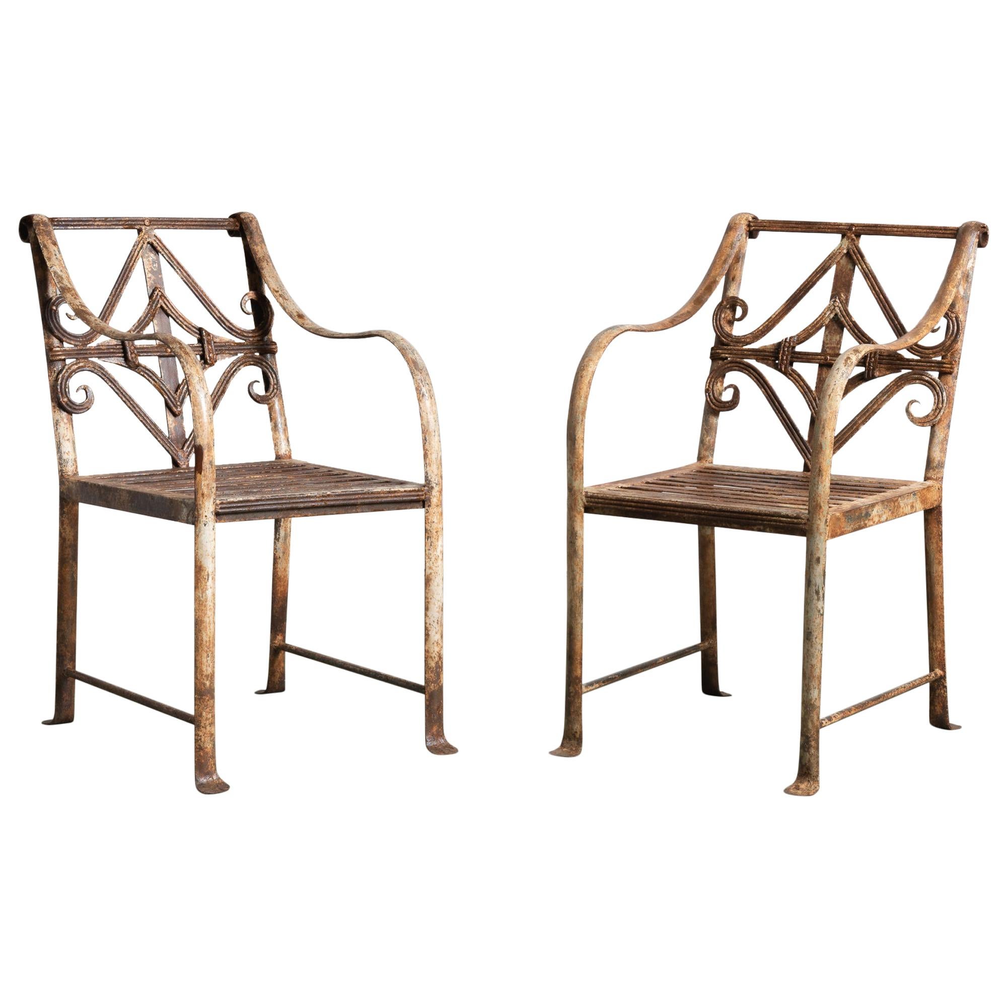 Hand-Forged English Regency Iron Garden Chairs, 19th Century
