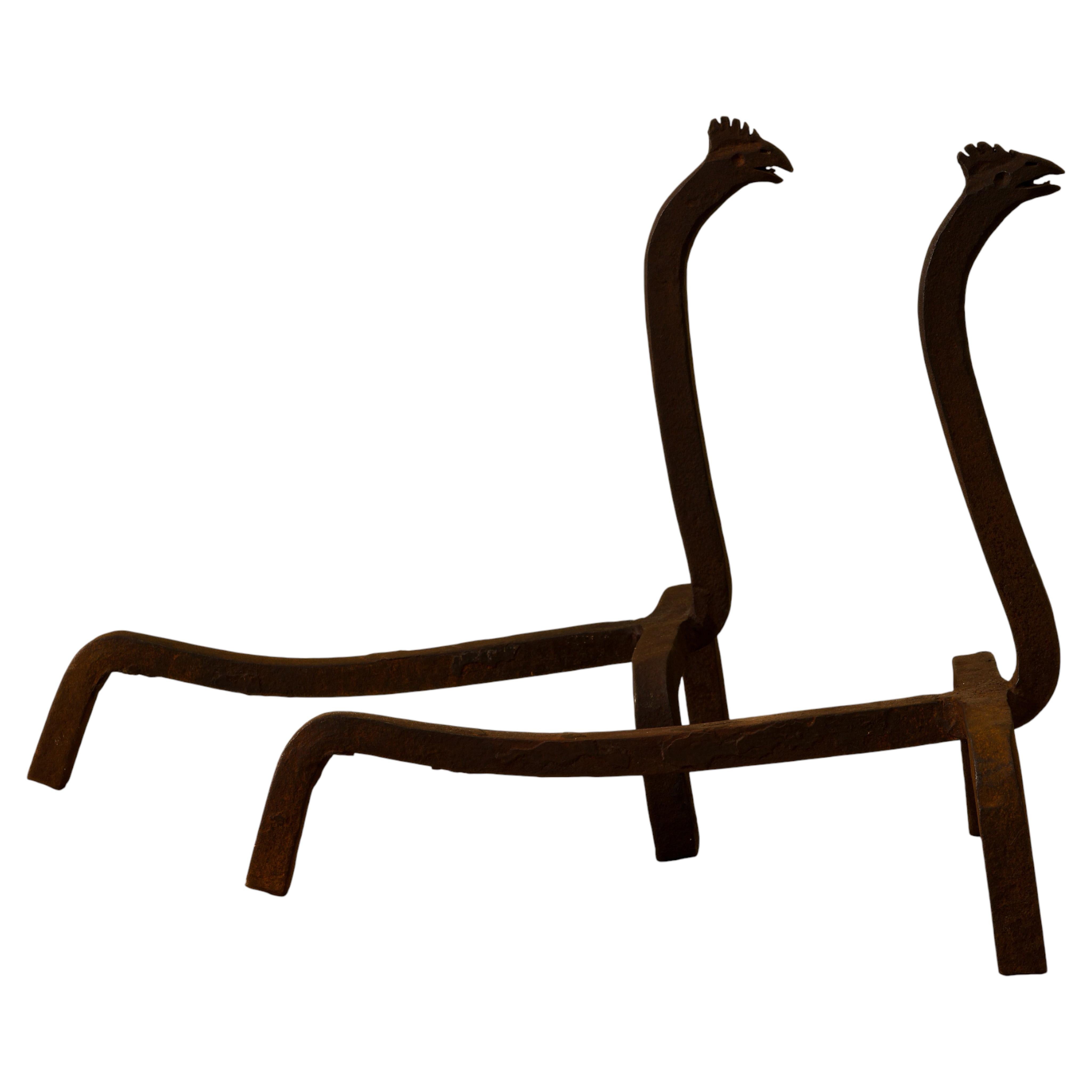 Hand-Forged Folk Art Andirons