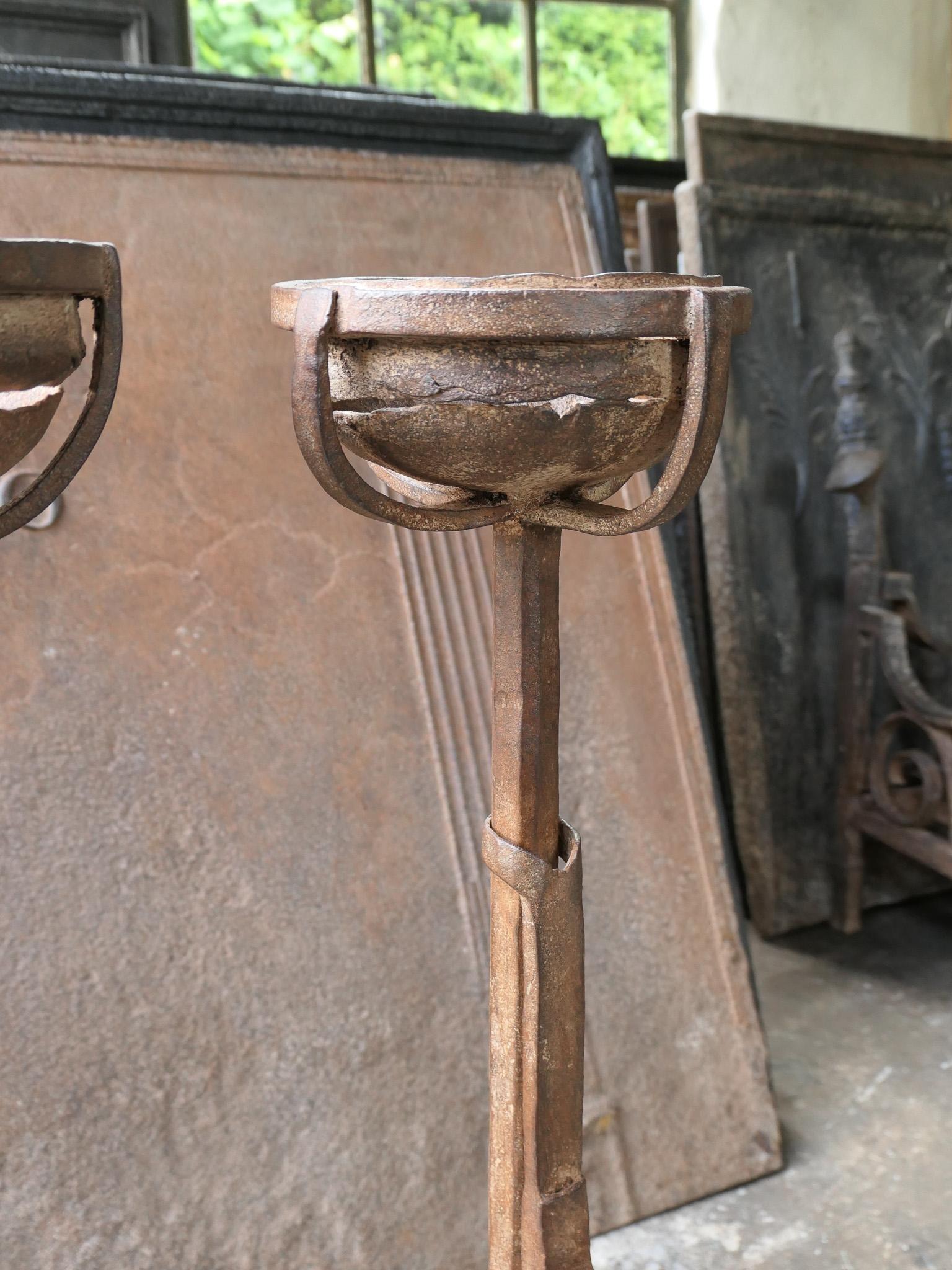 Wrought Iron Hand Forged French Gothic Andirons or Firedogs, 17th Century Period For Sale