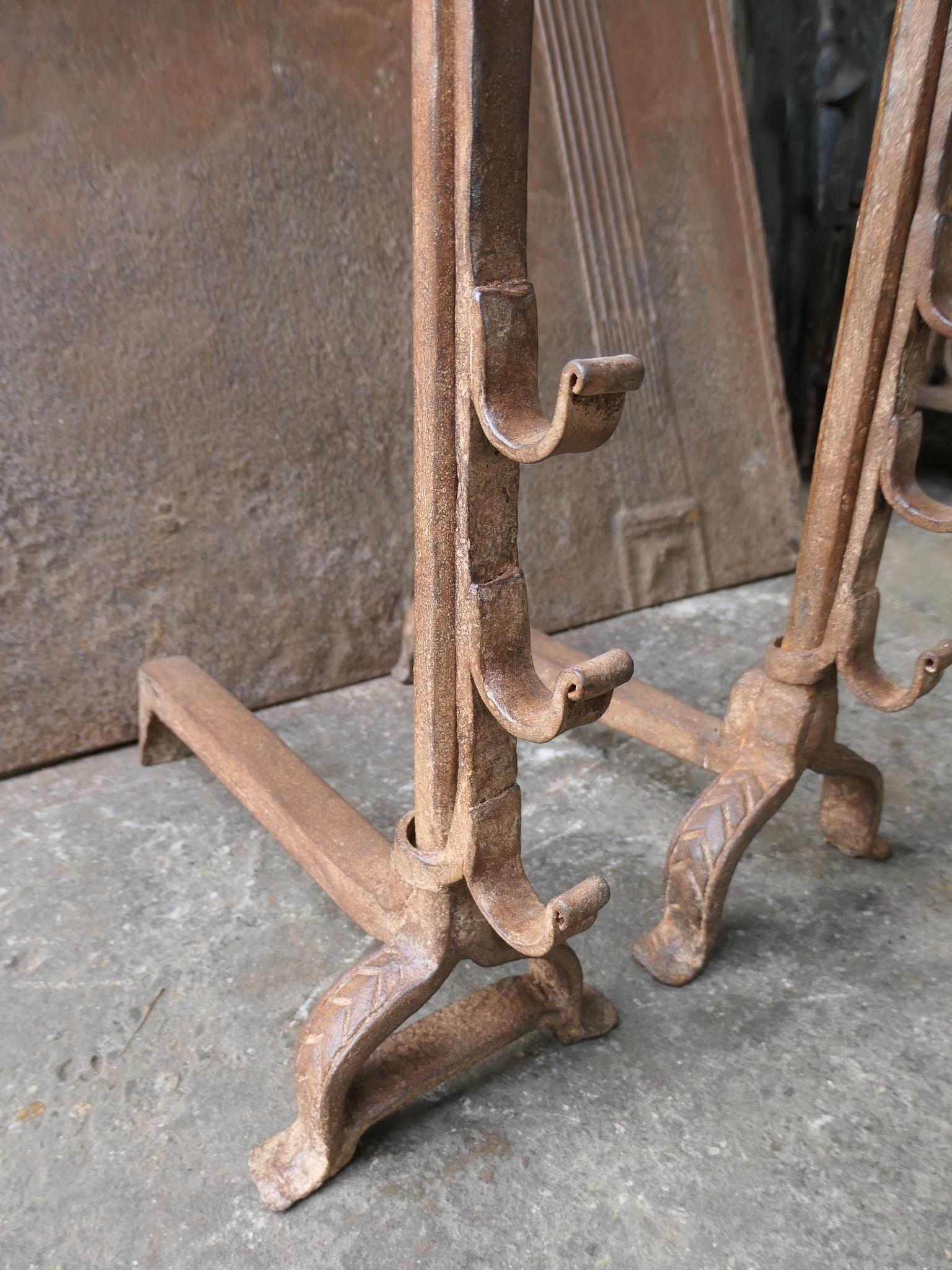 Hand Forged French Gothic Andirons or Firedogs, 17th Century Period For Sale 1