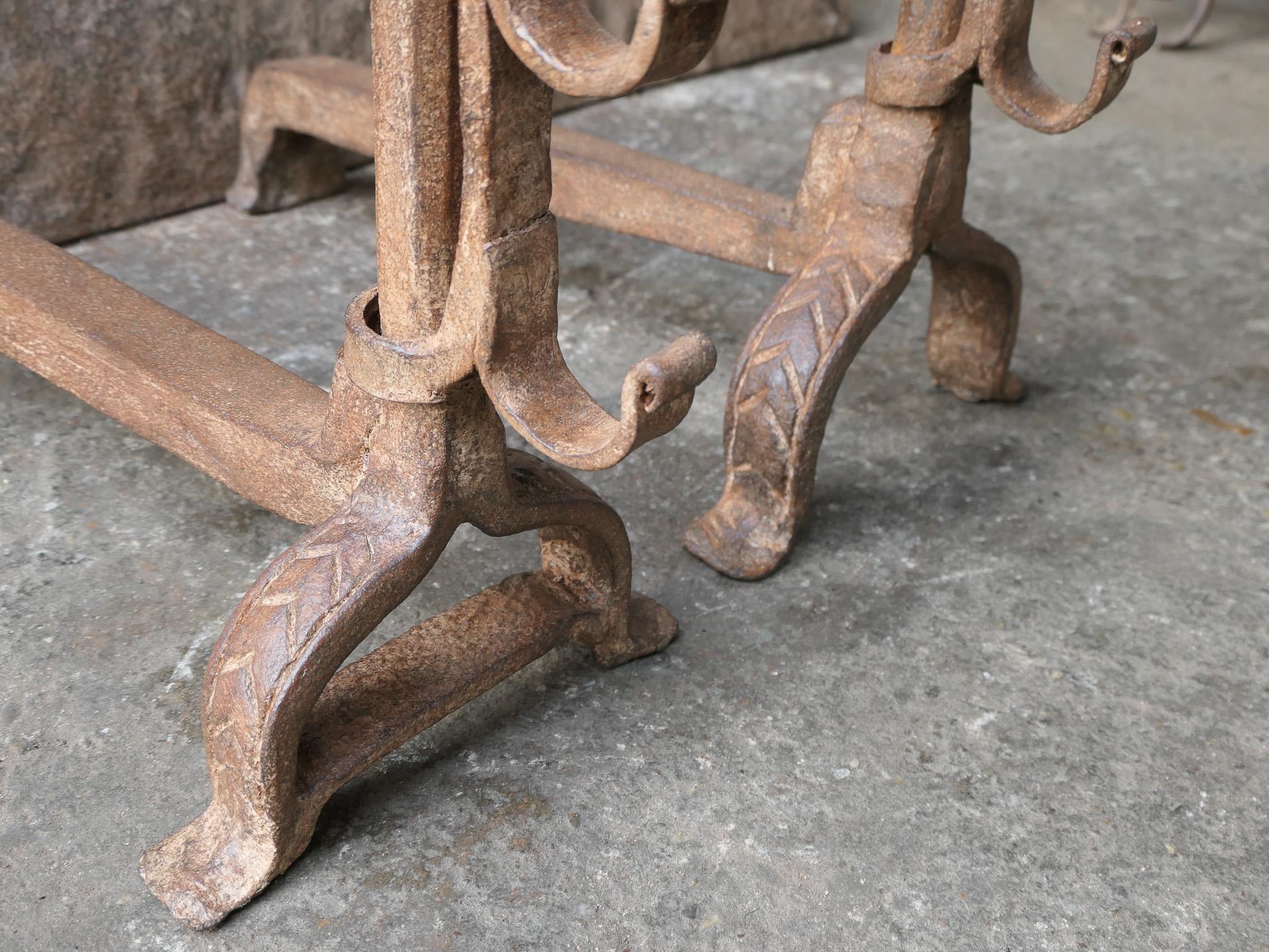 Hand Forged French Gothic Andirons or Firedogs, 17th Century Period For Sale 2