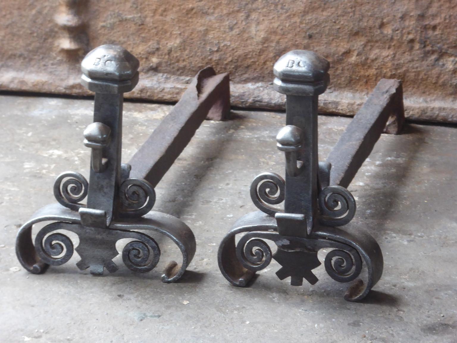 Hand Forged French Louis XV Andirons or Firedogs, 18th Century In Good Condition For Sale In Amerongen, NL