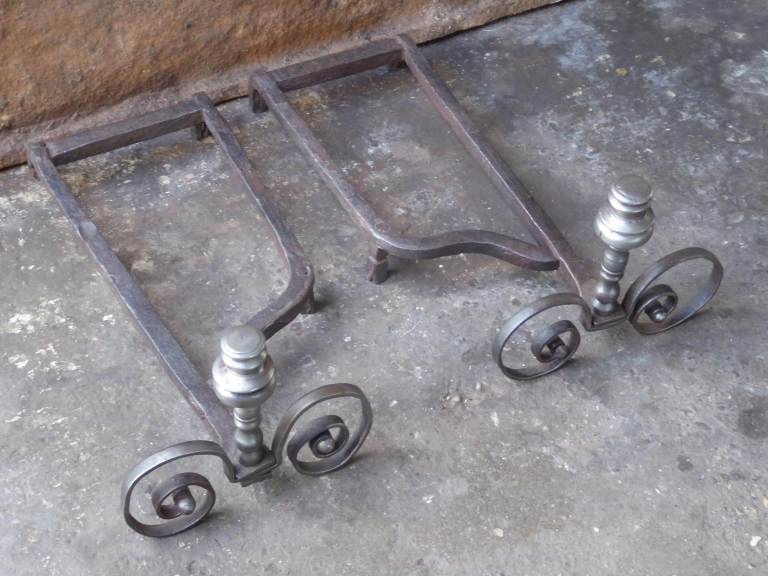 18th Century and Earlier Hand Forged French Louis XV Andirons or Firedogs, 18th Century For Sale
