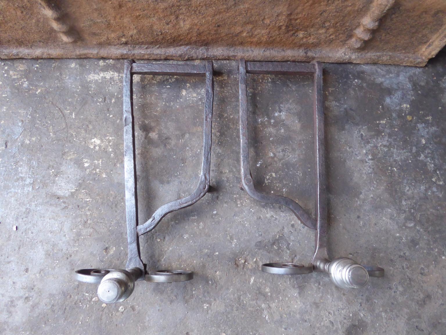Wrought Iron Hand Forged French Louis XV Andirons or Firedogs, 18th Century For Sale