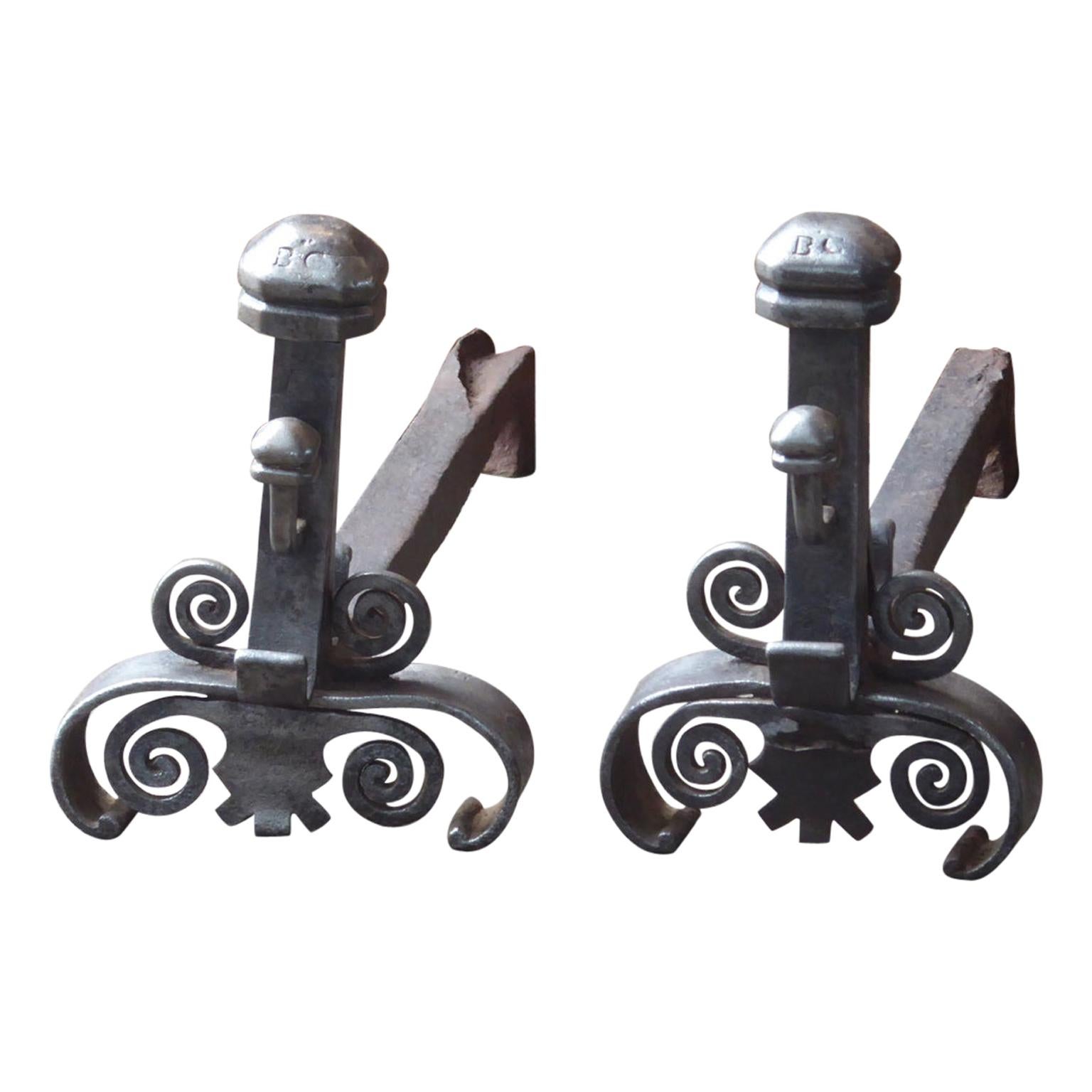 Hand Forged French Louis XV Andirons or Firedogs, 18th Century