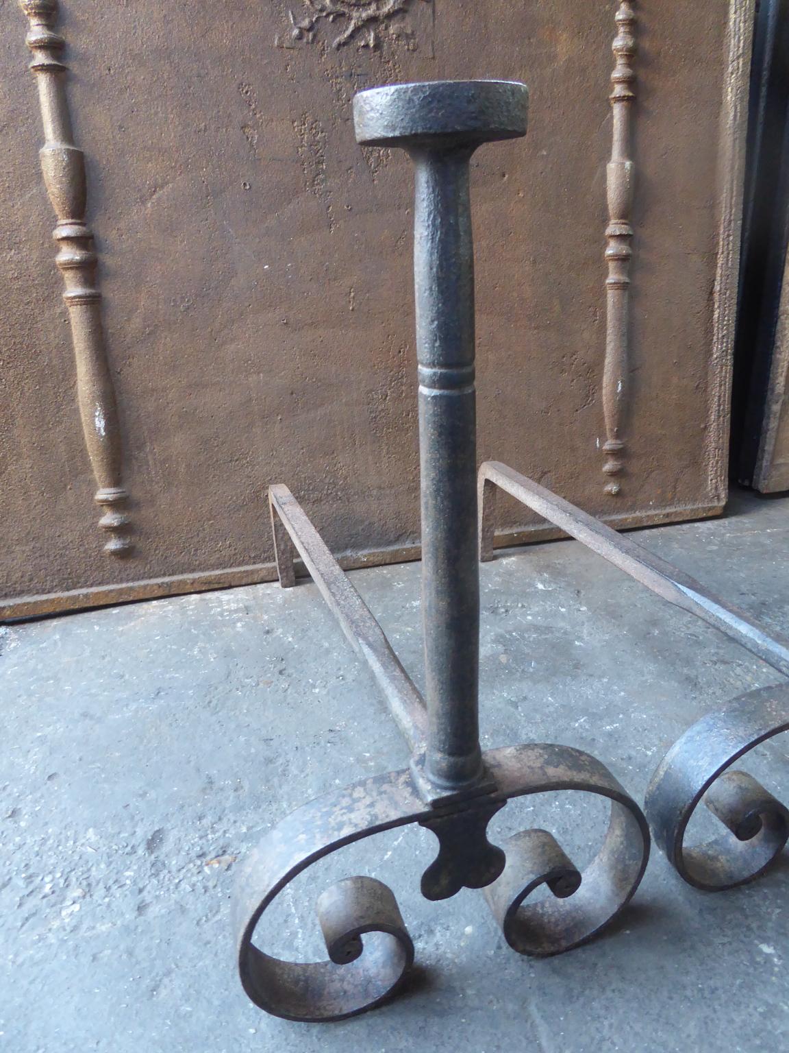 Wrought Iron Hand Forged French Napoleon III Andirons or Firedogs, 19th Century