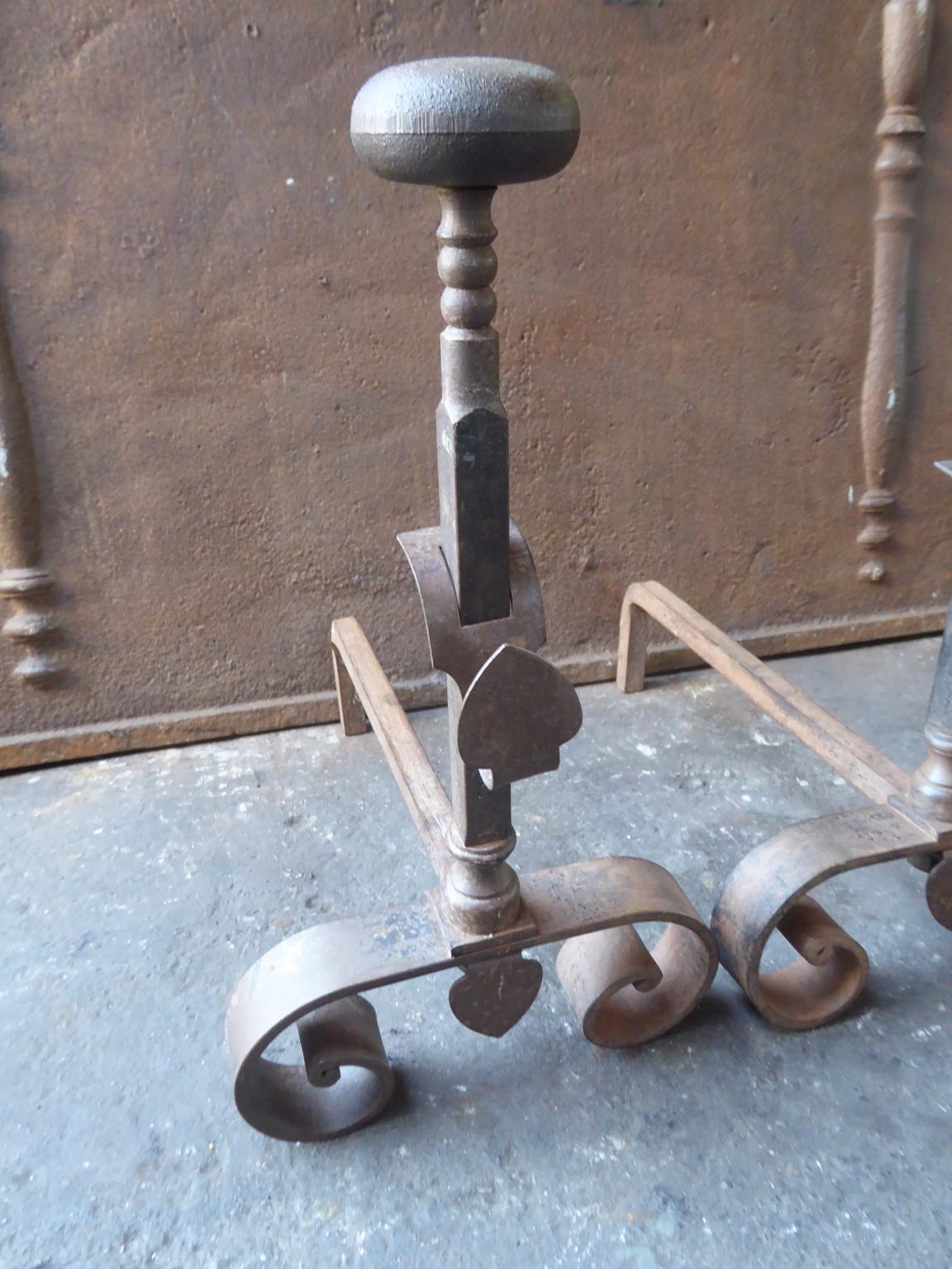 Wrought Iron Hand Forged French Napoleon III Andirons or Firedogs, 19th Century