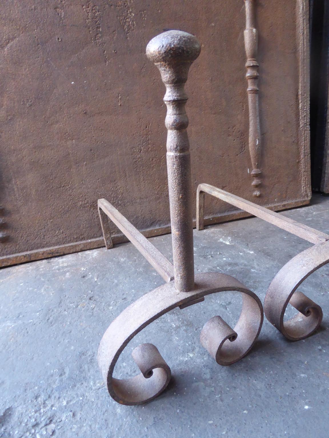 Wrought Iron Hand Forged French Napoleon III Andirons or Firedogs, 19th Century