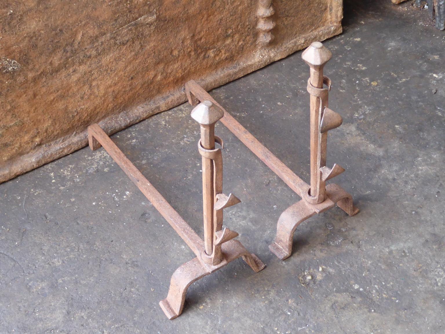 Wrought Iron Hand Forged French Napoleon III Andirons or Firedogs, 19th Century For Sale