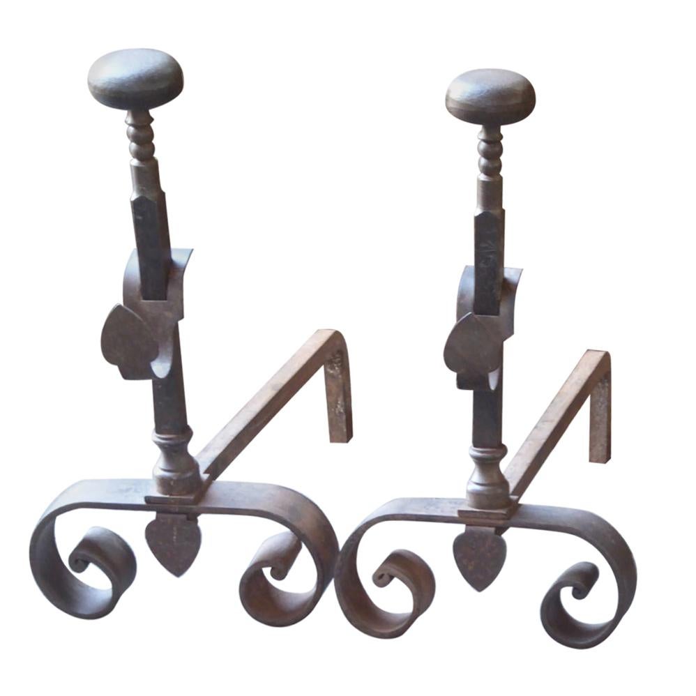 Hand Forged French Napoleon III Andirons or Firedogs, 19th Century