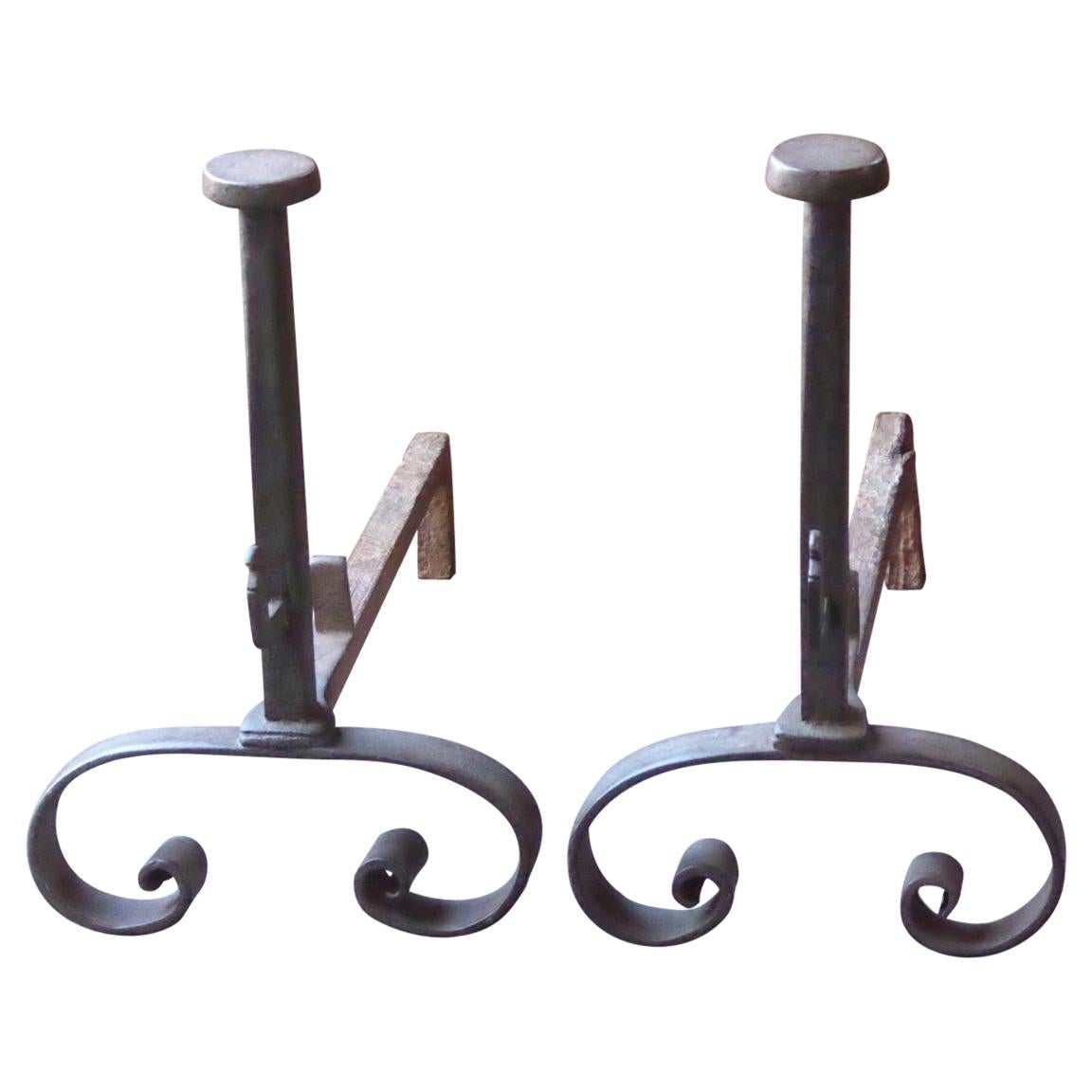 Hand Forged French Napoleon III Andirons or Firedogs, 19th Century