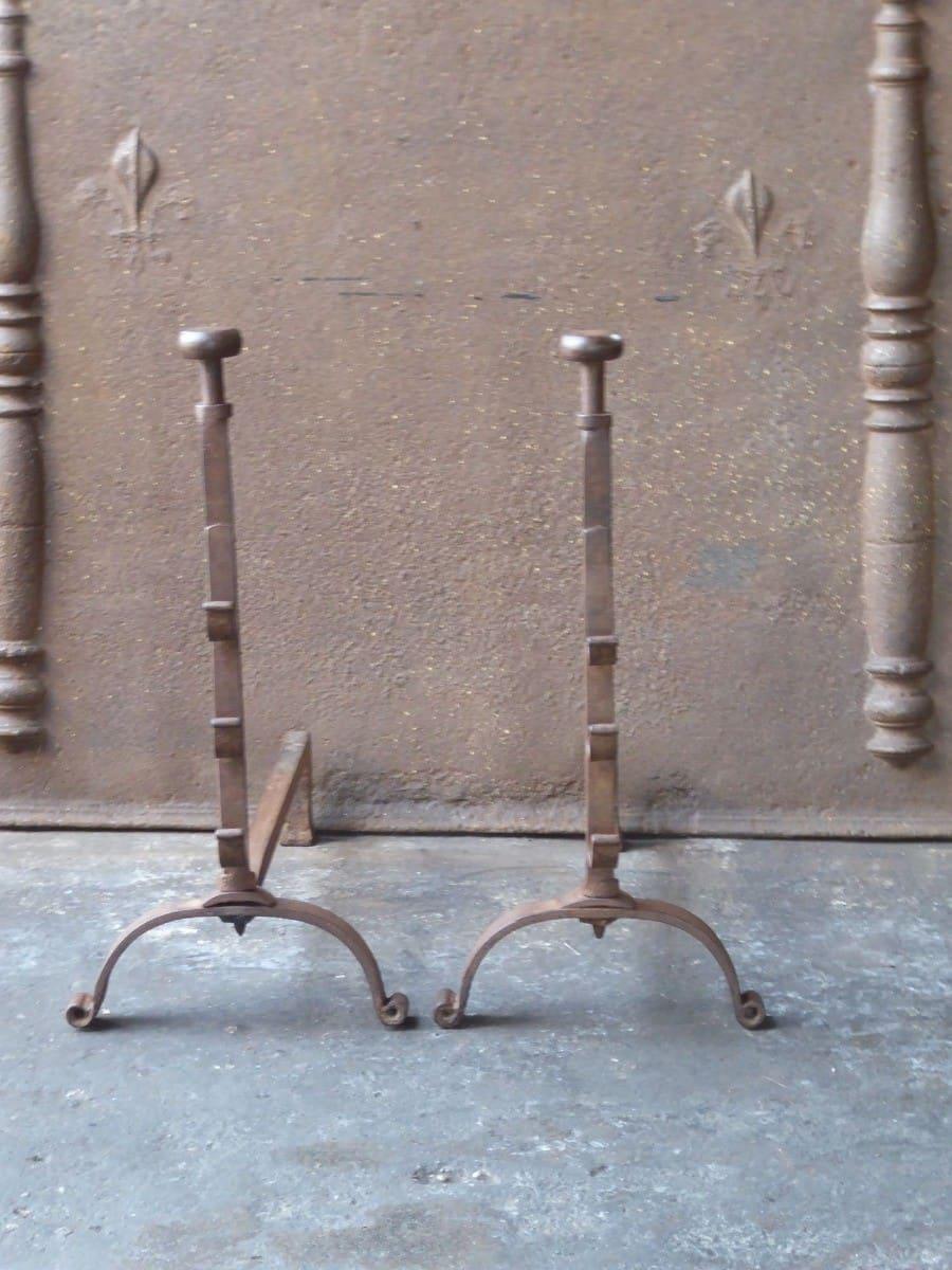 Hand Forged French Napoleon III Period Andirons or Firedogs In Good Condition For Sale In Soest, NL