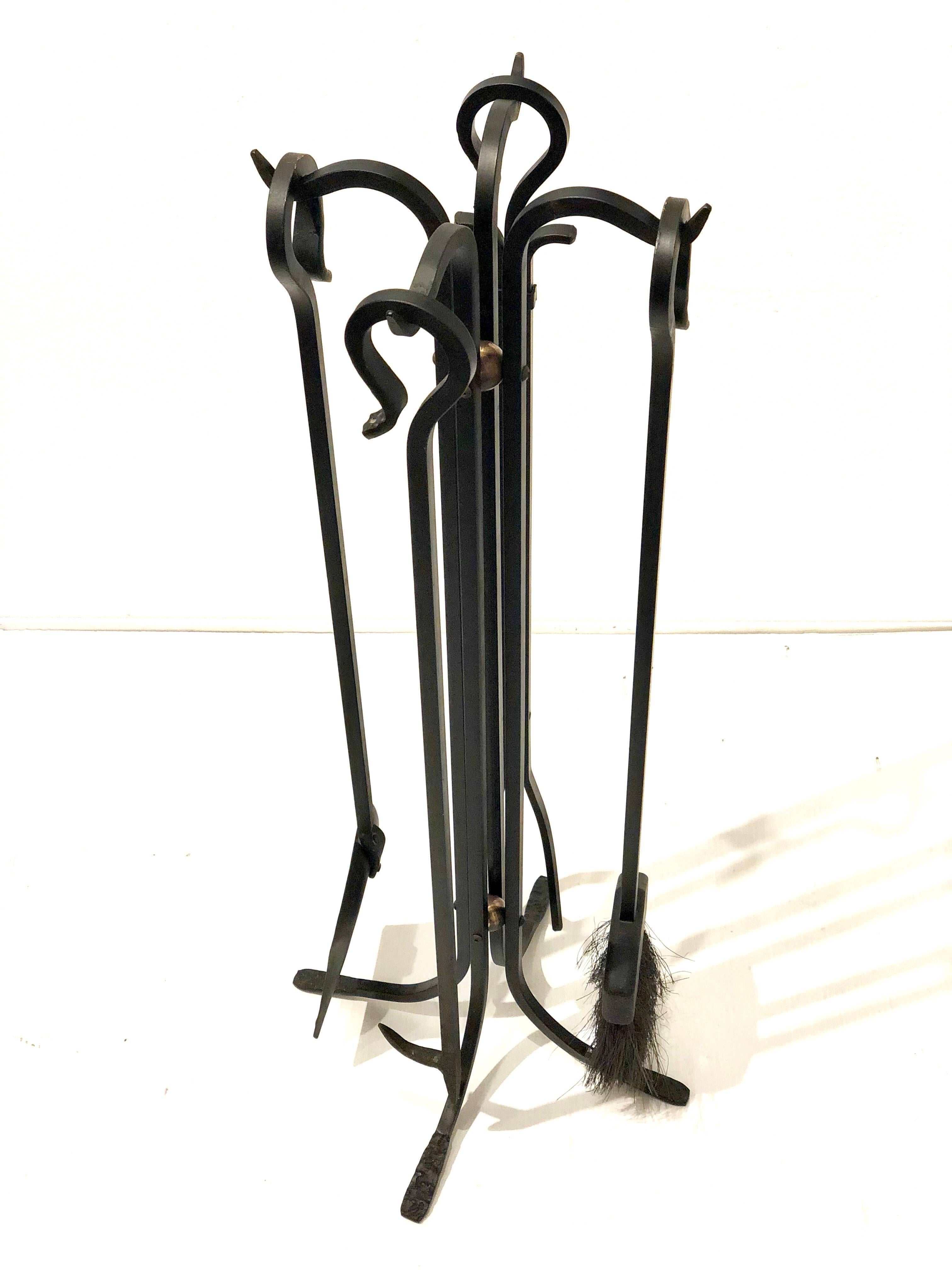 Mid-Century Modern Hand-Forged Iron and Brass Fireplace Tools Set