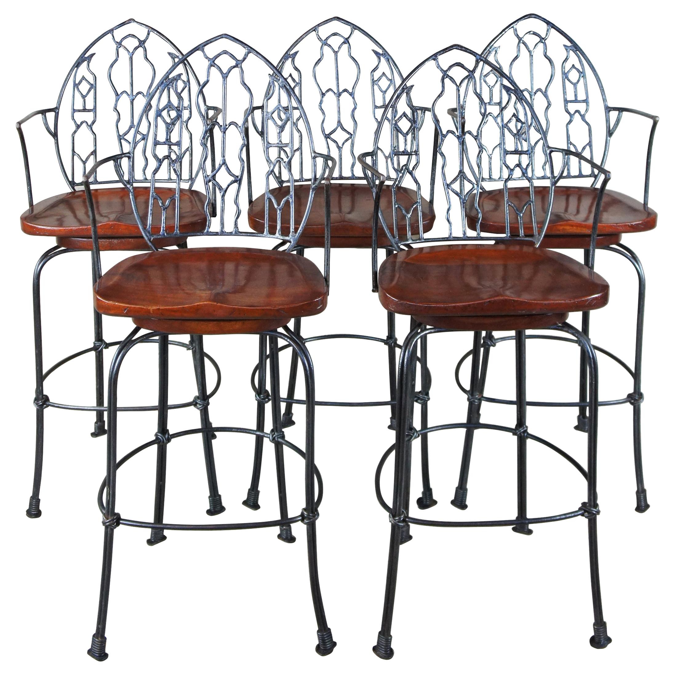 Hand Forged Iron and Mahogany Gothic Spanish Revival Swivel Counter Bar Stools