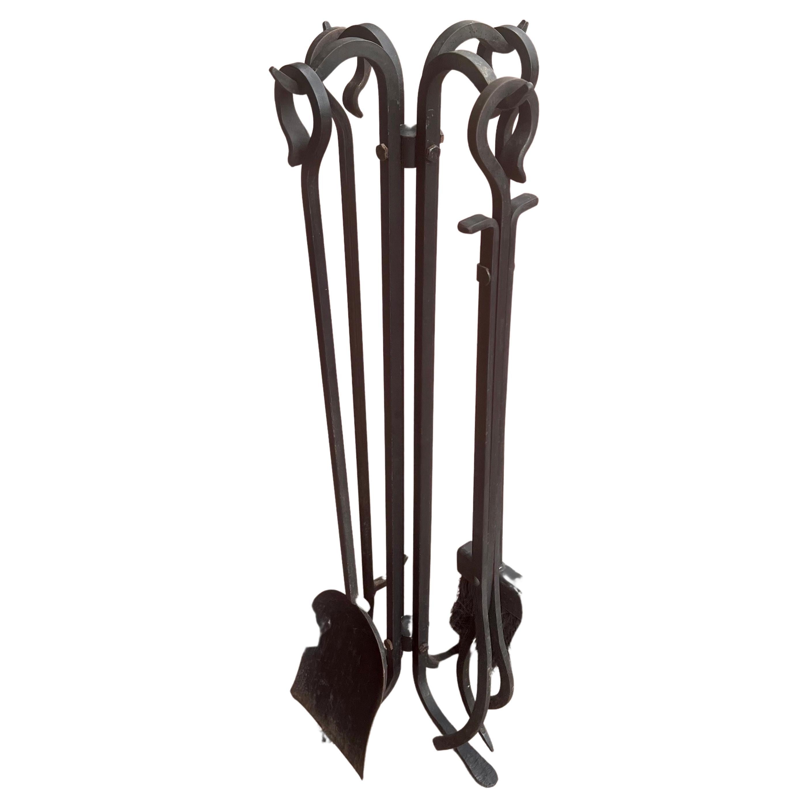 American Hand-Forged Iron Antique Fireplace Tools Set For Sale