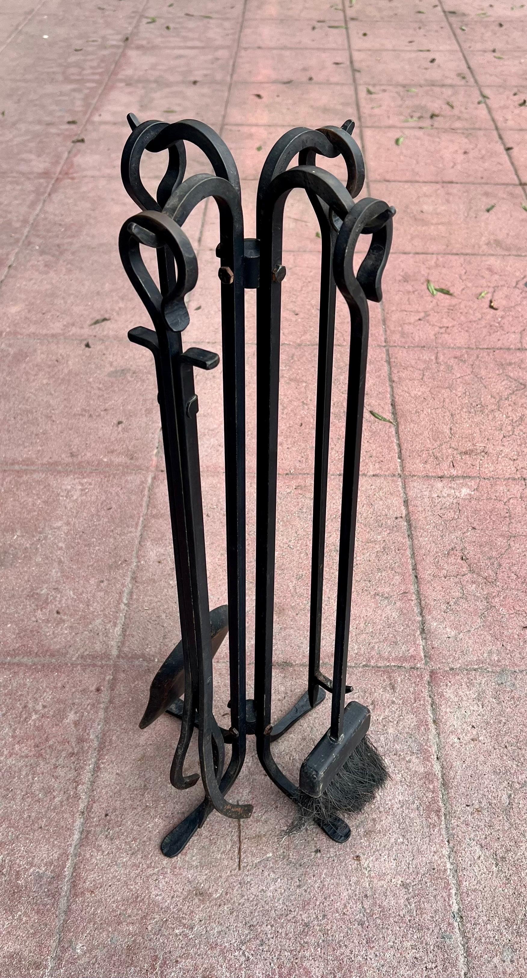 20th Century Hand-Forged Iron Antique Fireplace Tools Set For Sale