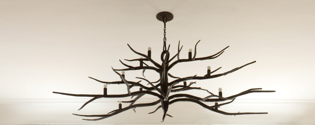 Lampadario Branch in ferro forgiato a mano da Michael Del Piero. 
Ispirato dall'amore per gli alberi spogli dell'inverno, Michael ha progettato un lampadario in ferro forgiato a mano a forma di ramo. La forma organica irregolare e la splendida