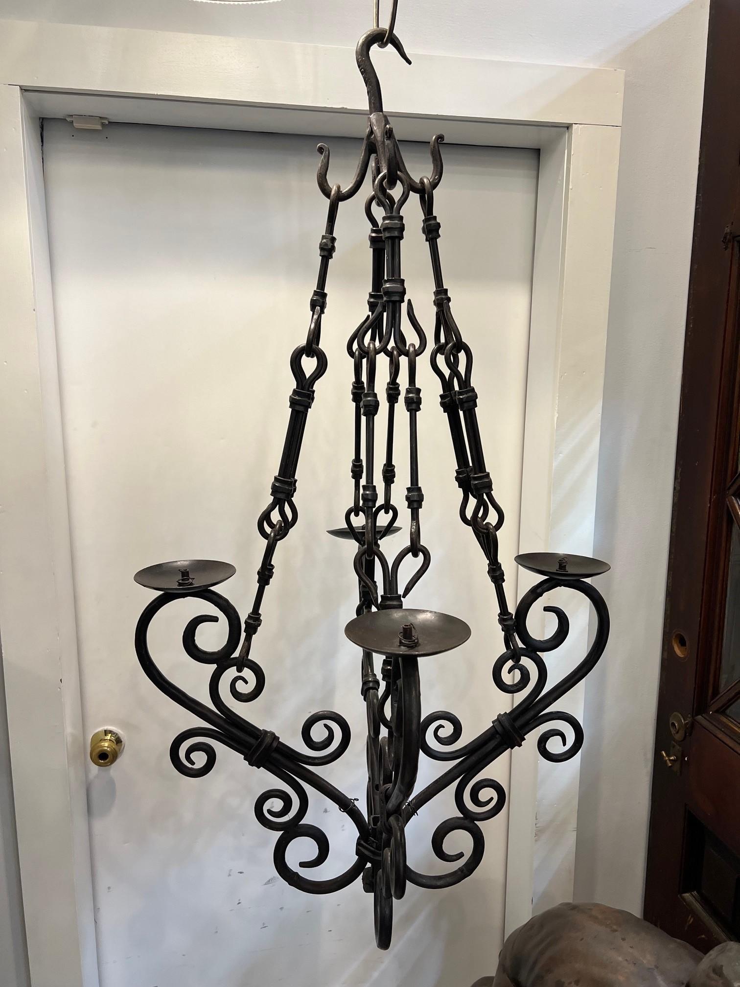 Indian Hand Forged  Iron Chandelier 4 Lights Scrolled Arms    For Sale