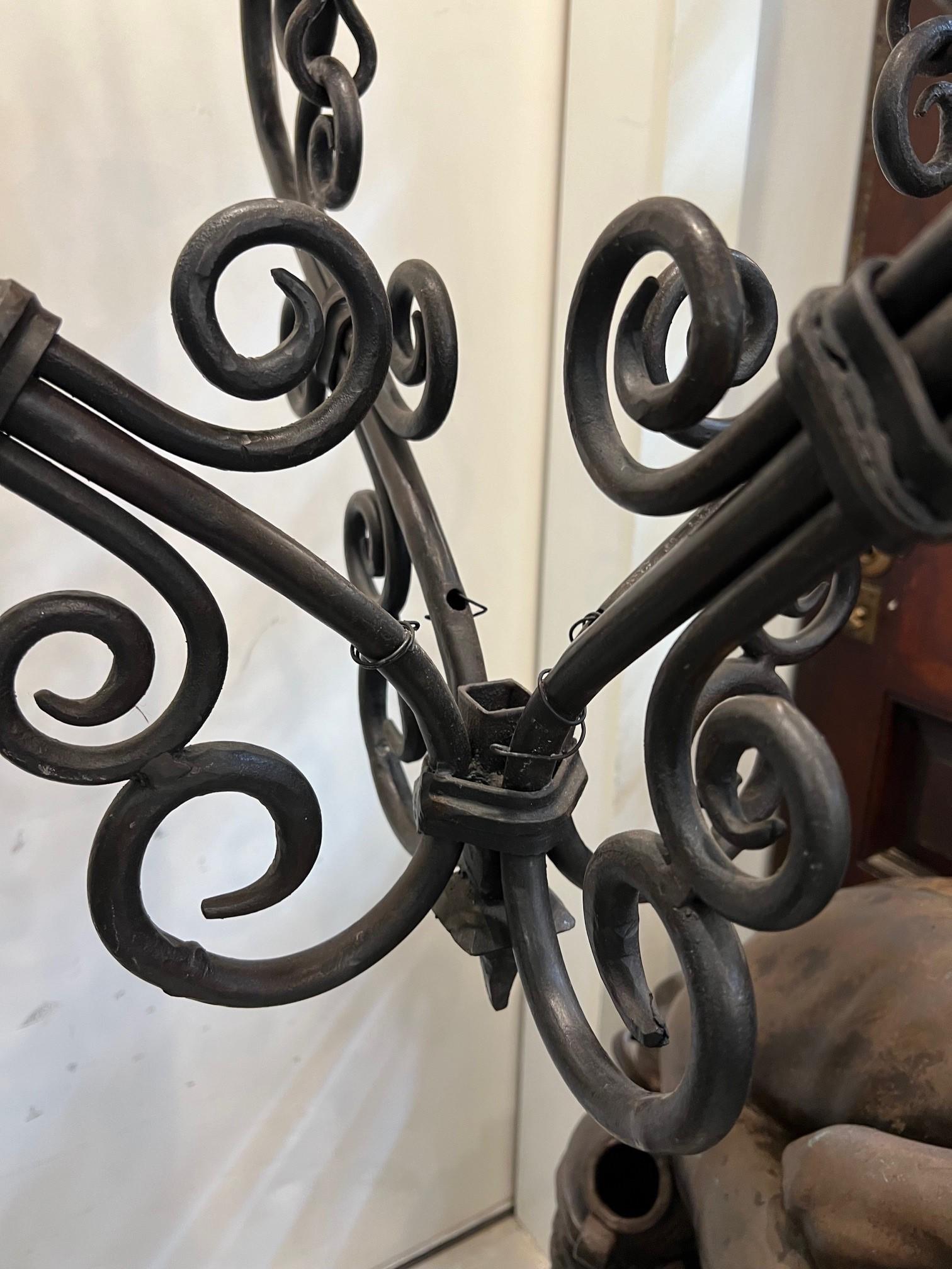 Contemporary Hand Forged  Iron Chandelier 4 Lights Scrolled Arms    For Sale