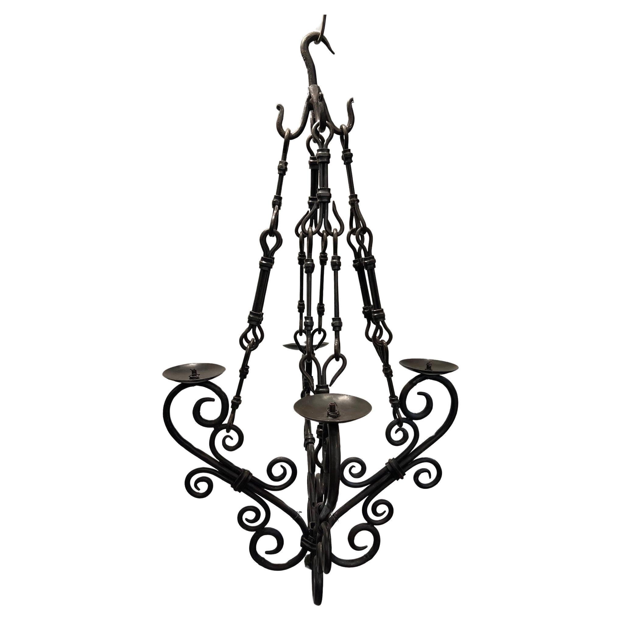 Hand Forged  Iron Chandelier 4 Lights Scrolled Arms    For Sale