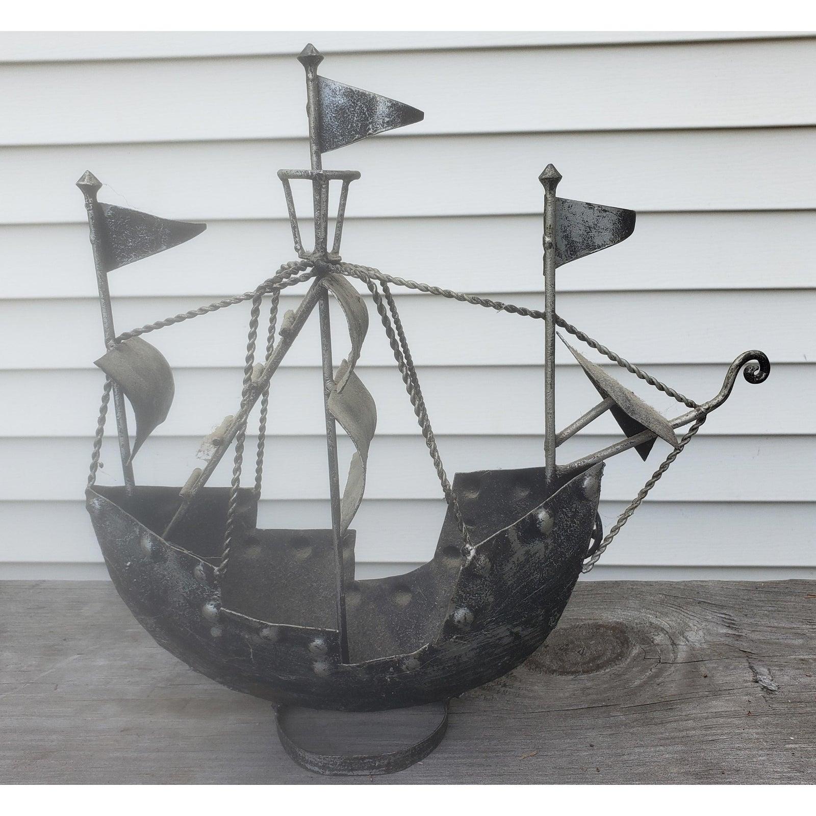 Mid-Century Modern Hand Forged Iron Decorative Sailing Ships, a Pair For Sale
