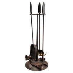 Hand-Forged Iron Fireplace Tool Set with Floral Base, Sculptural Brutalist Form