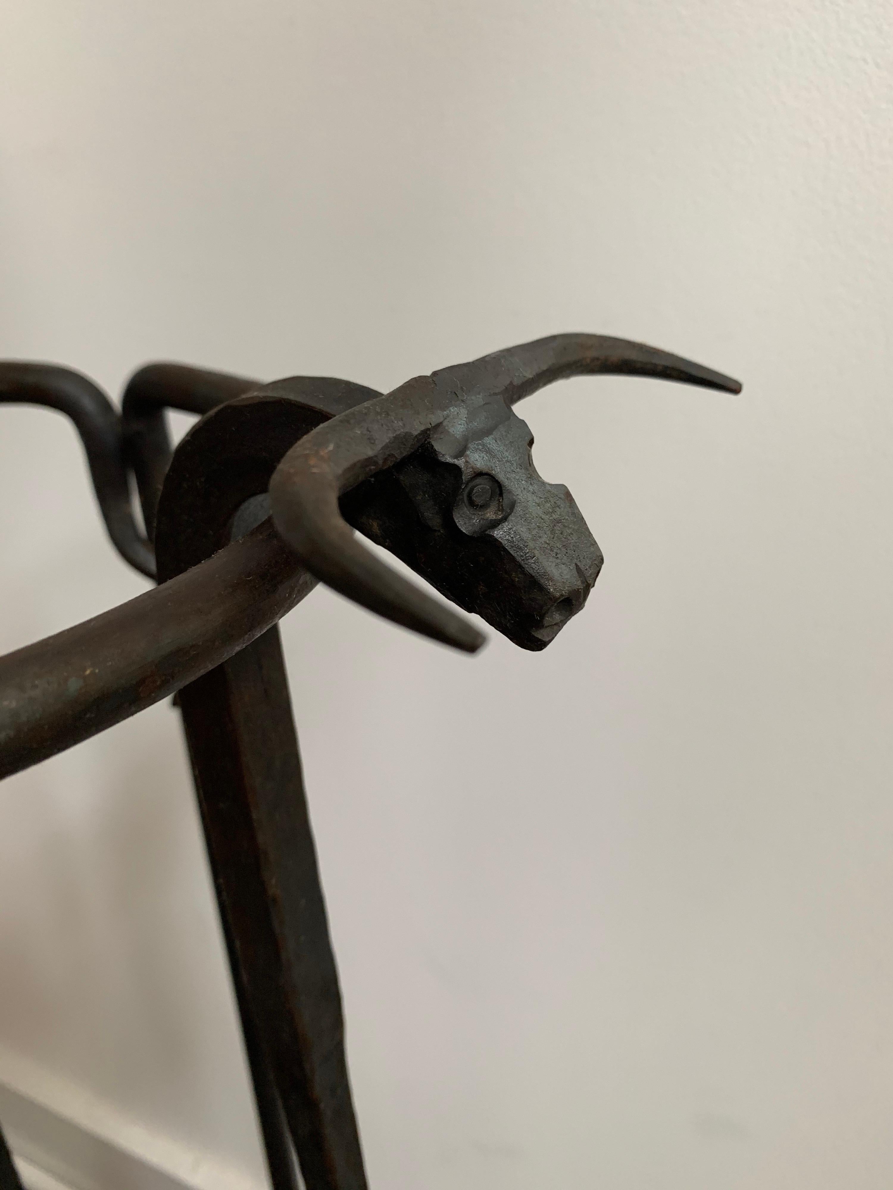 French Hand Forged Iron Fireplace Tools with Steer Head Detail For Sale