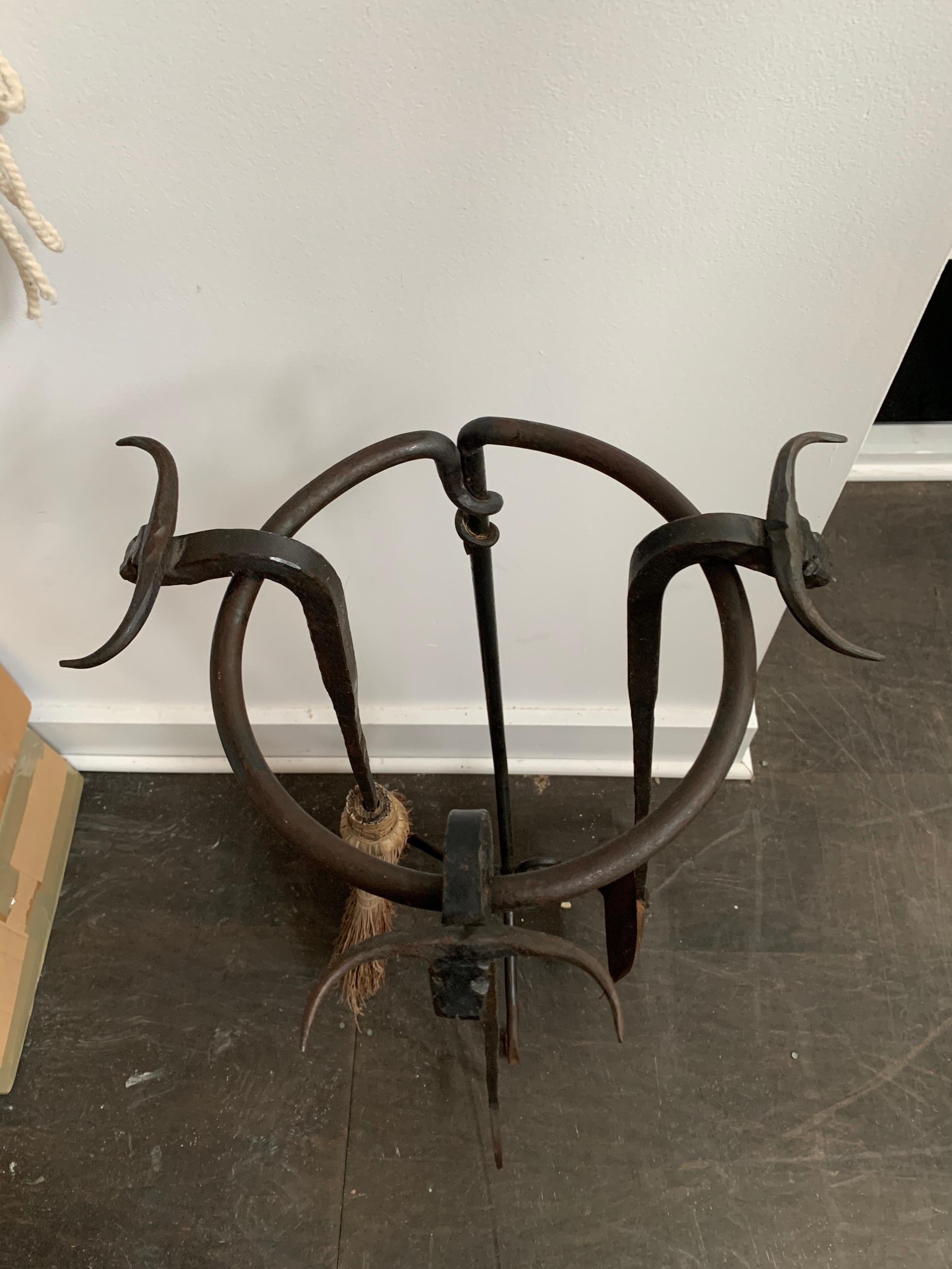 Mid-20th Century Hand Forged Iron Fireplace Tools with Steer Head Detail For Sale