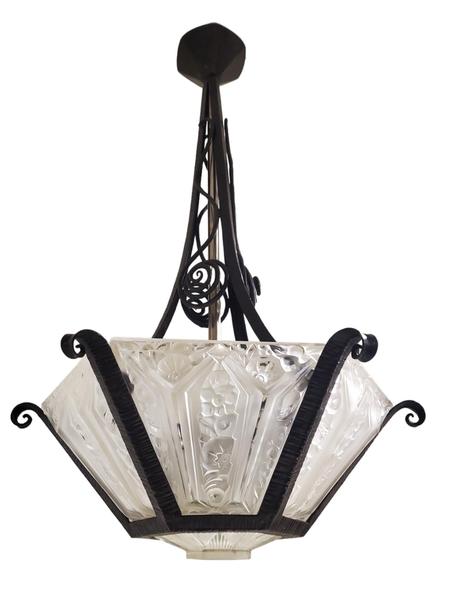 Hand forged Iron +glass French Art Deco chandelier w/ scroll + flowers by Hanots For Sale 5