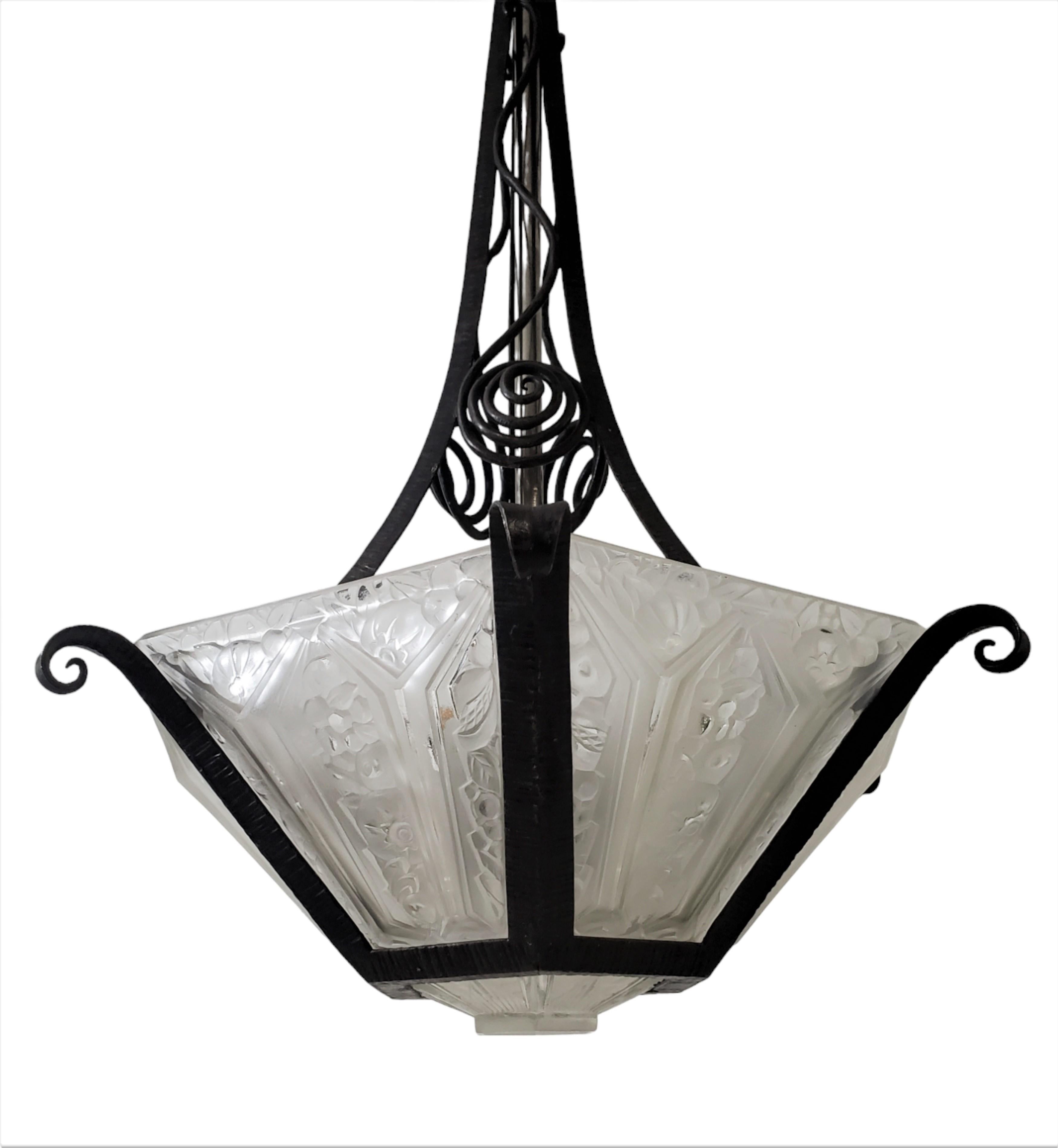 Hand forged Iron +glass French Art Deco chandelier w/ scroll + flowers by Hanots For Sale 8